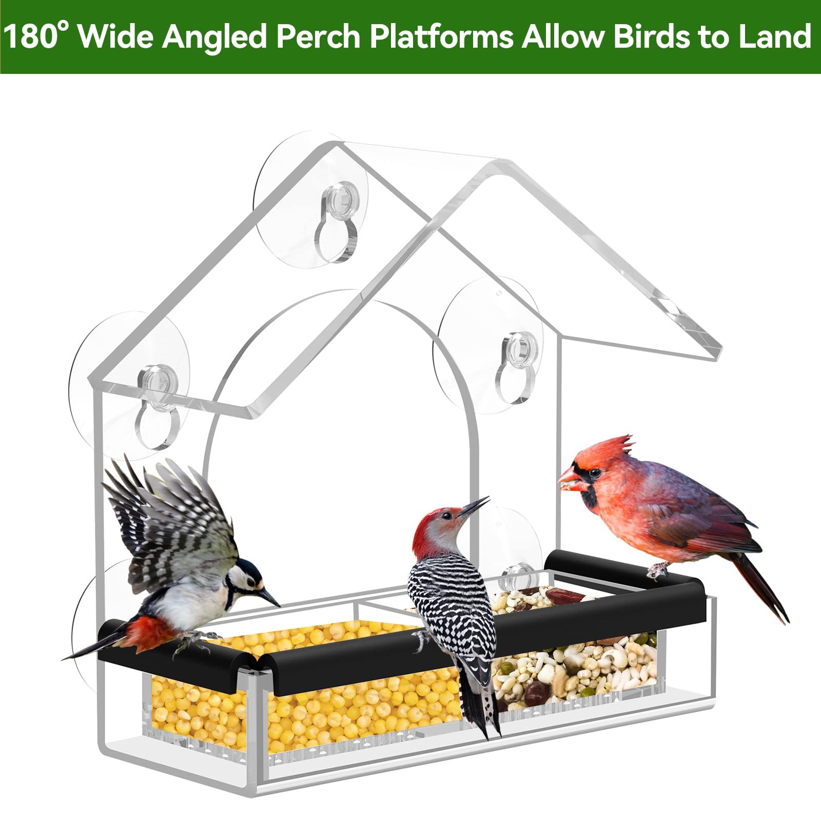 Clear Window Bird Feeder with 5 Extra Strong Suction Cups, Sturdy Acrylic Outdoor Bird Feeder for Wild Bird Watching, Garden Decor & Bird Lover Gift