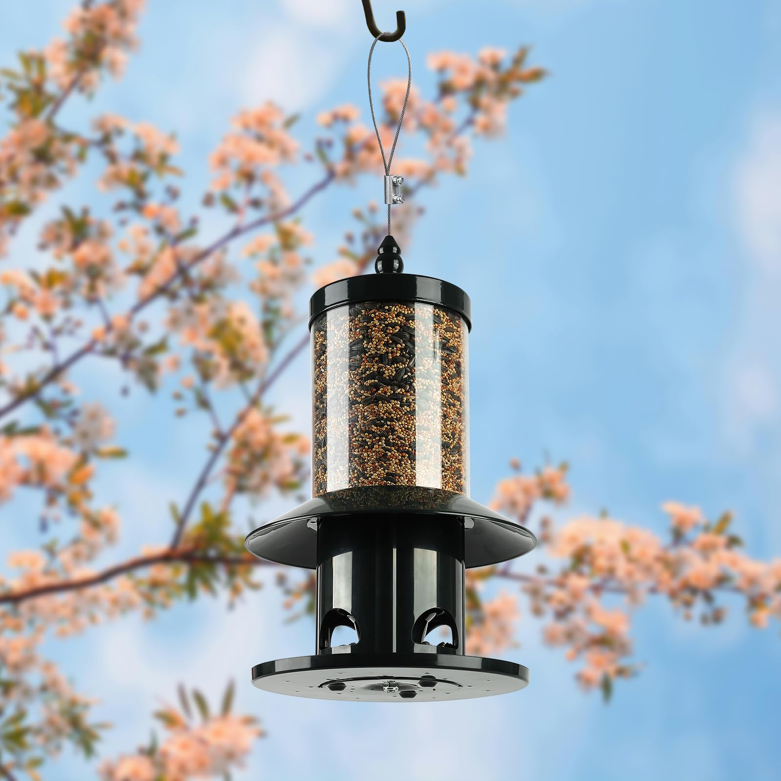 Squirrel Proof Bird Feeder, 360° Feeding Perch Tray, Outdoor Hanging Wild Bird Seed Feeder, Dark Green
