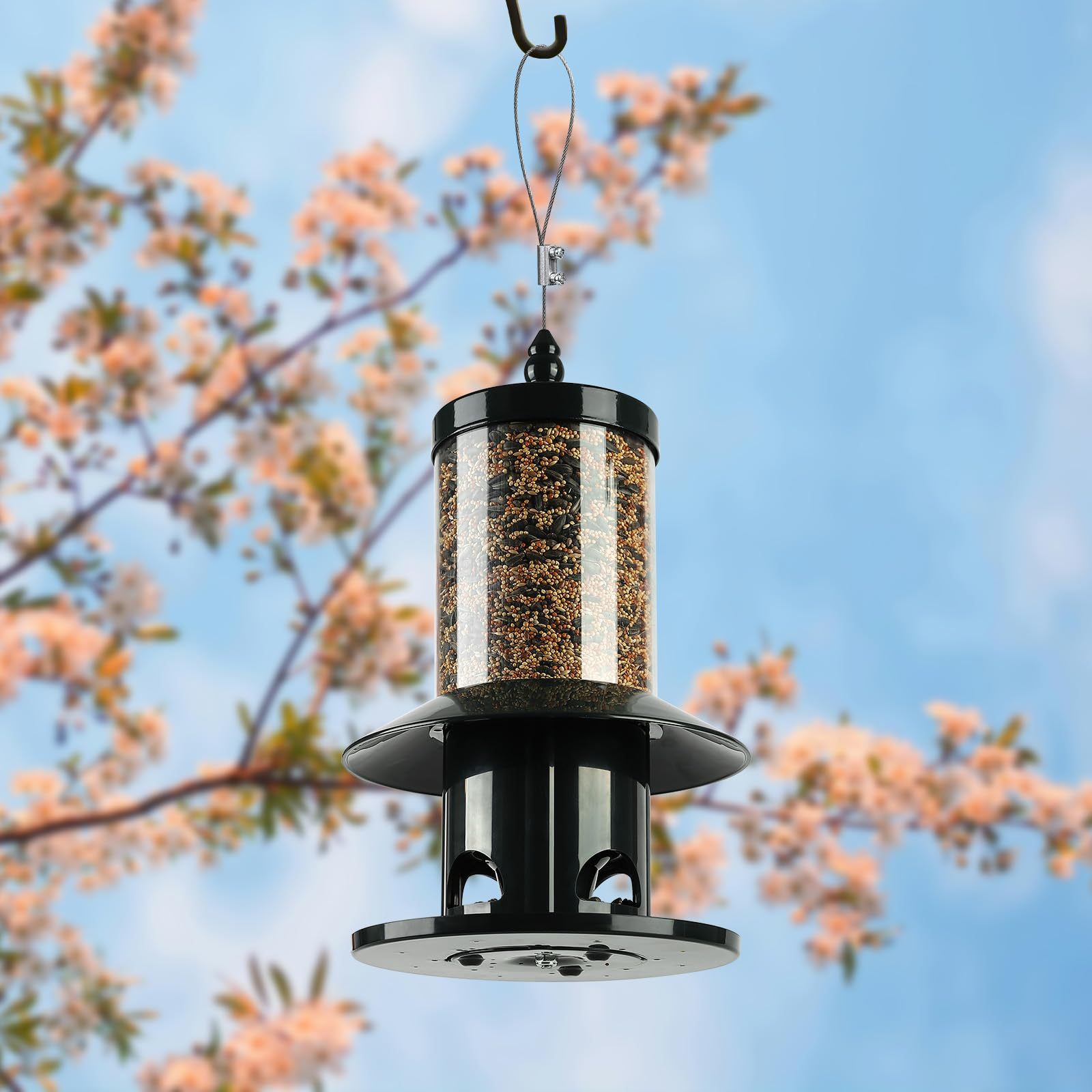 Squirrel Proof Bird Feeder, 360° Feeding Perch Tray, Outdoor Hanging Wild Bird Seed Feeder, Dark Green