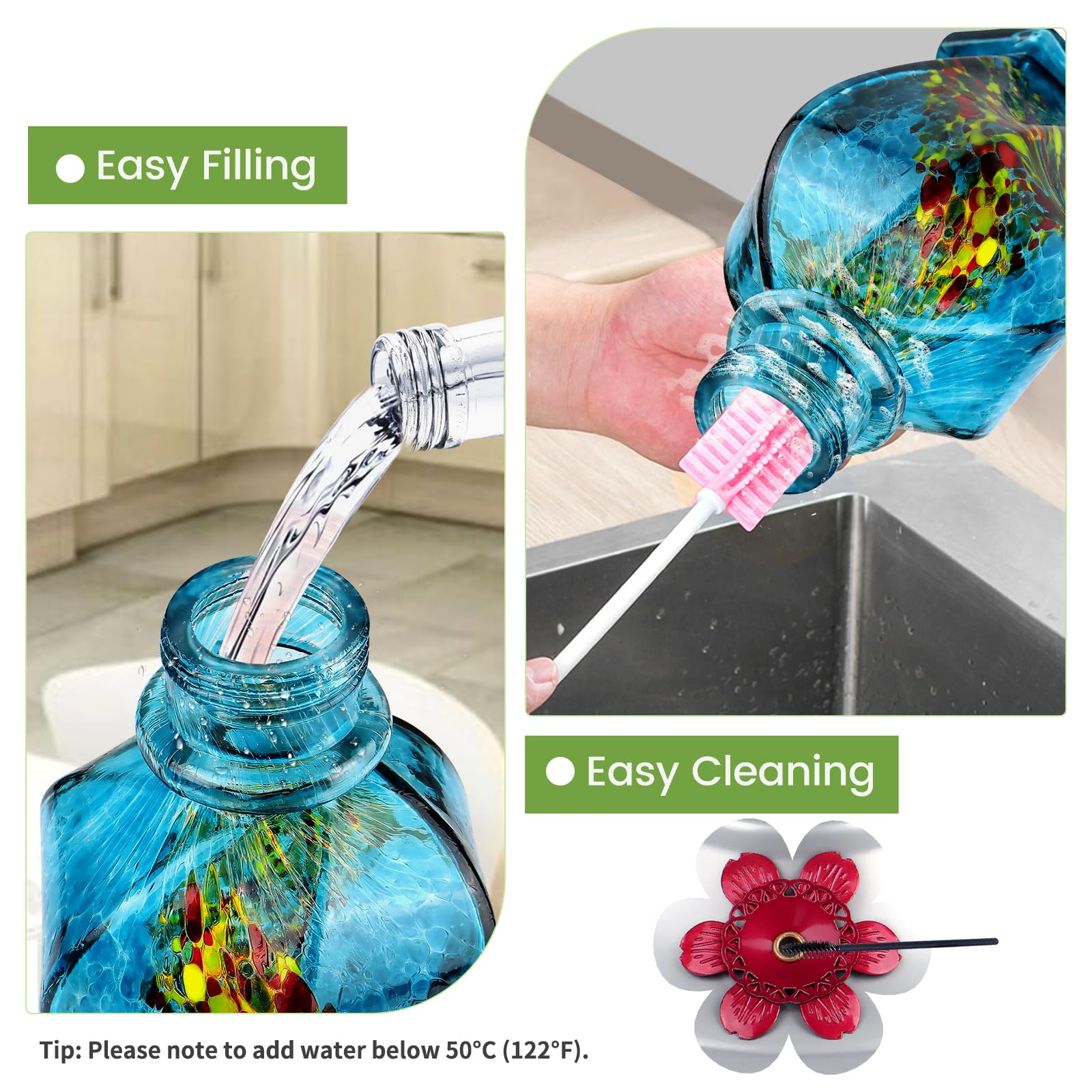 22oz Hand Blown Glass Hummingbird Feeder, Outdoor Hanging with Ant Moat, 5 Bee-Proof Feeding Ports, 360° Perch Leak-Proof Design, Blue Perfect Gift for Mom Dad Women Men