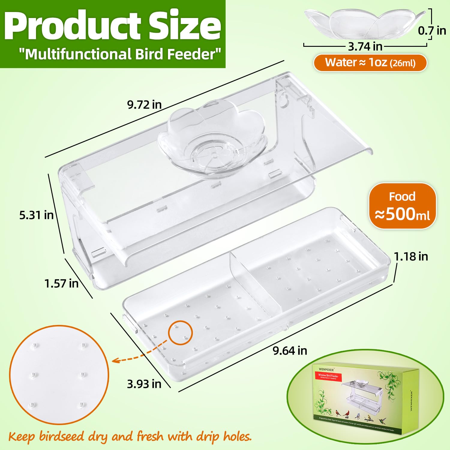 Window Bird Feeder with Non-Marking Self-Adhesive Hooks, Clear Transparent Design for Outdoor Wild Bird Watching & Garden Decor
