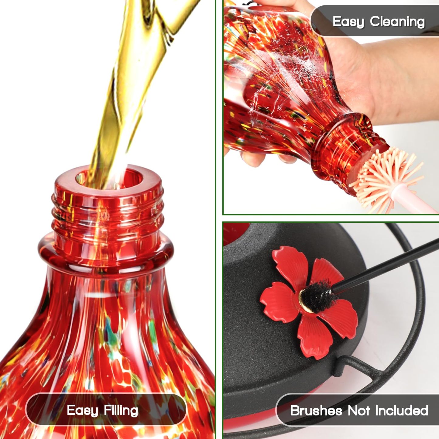 Hand Blown Glass Hummingbird Feeder, 24oz Hanging Wild Bird Feeder with Ant Moat Perch, Bee Resistant Ports, Red Polka Dots Garden Decor Gift for Mom Women