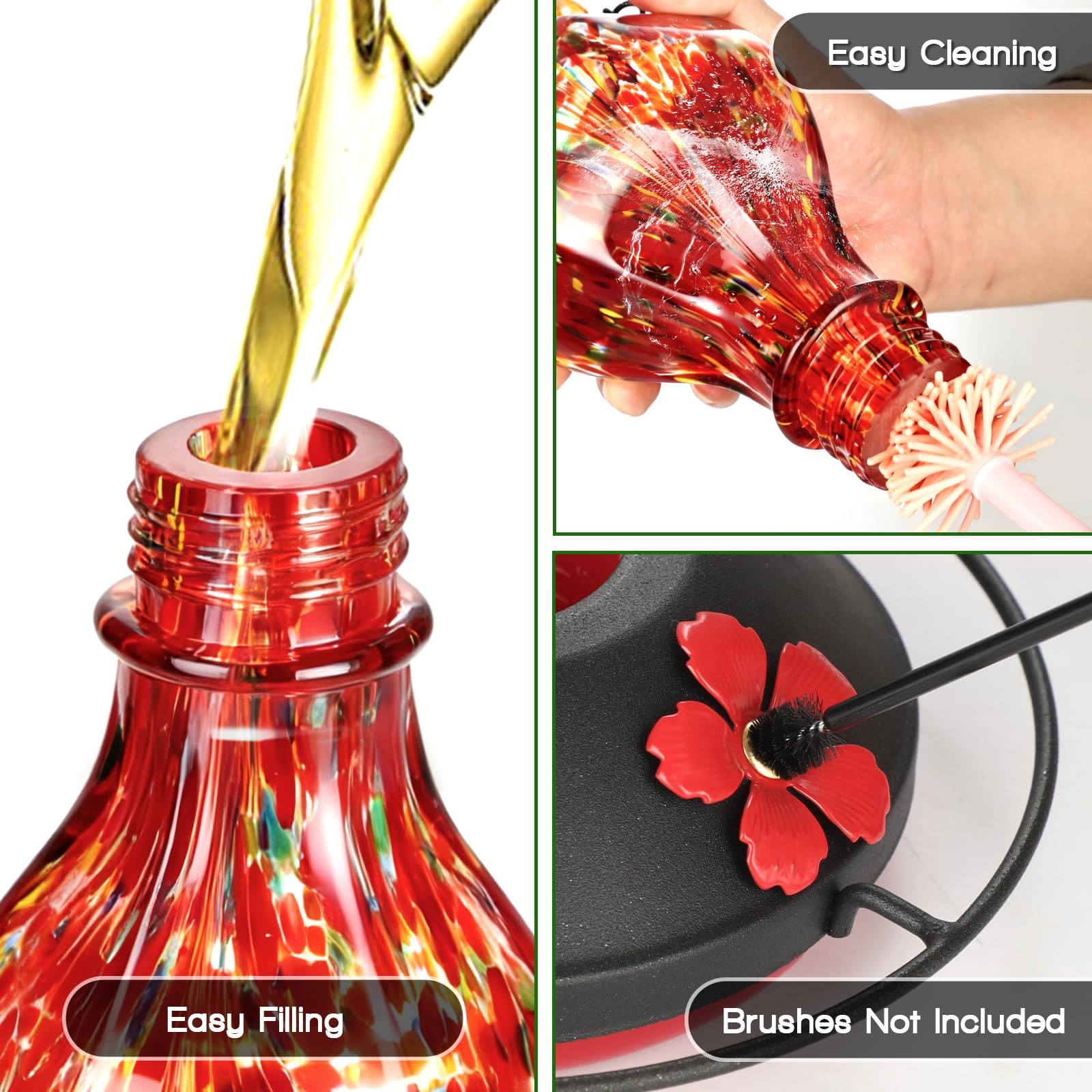 Hand Blown Glass Hummingbird Feeder, 24oz Hanging Wild Bird Feeder with Ant Moat Perch, Bee Resistant Ports, Red Polka Dots Garden Decor Gift for Mom Women