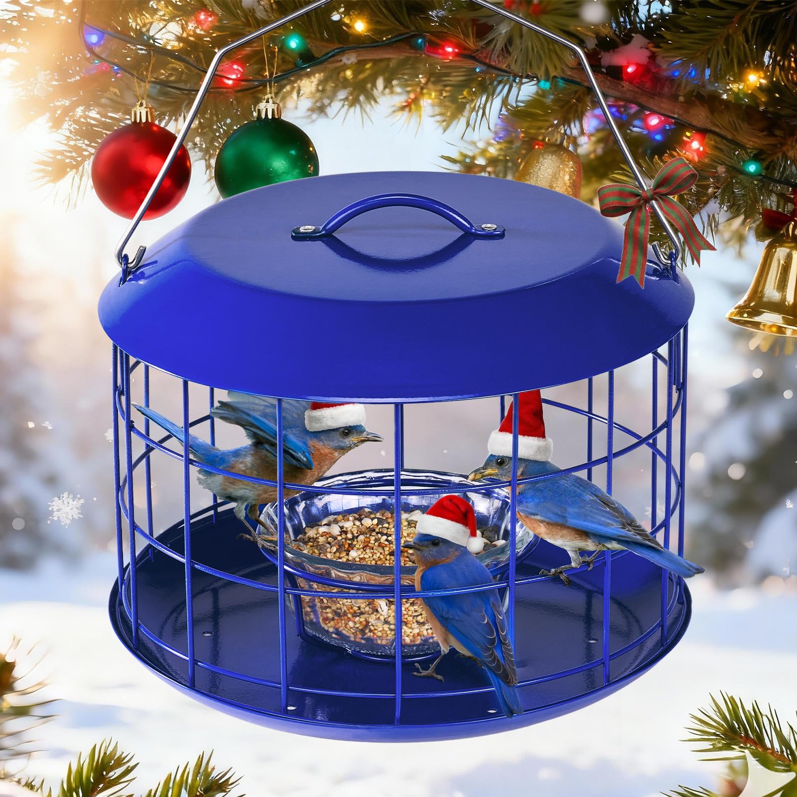 All Metal Bluebird Feeder, Outdoor Hanging Cage Mealworm Bird Feeder with Tray, Squirrel Proof & Weather Resistant, Easy to Refill and Clean