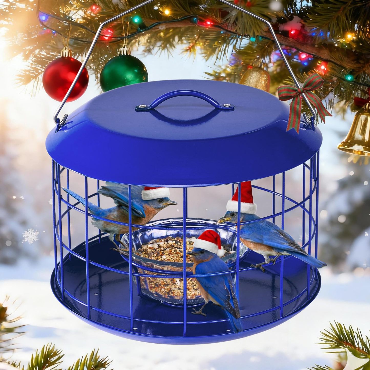 All Metal Bluebird Feeder, Outdoor Hanging Cage Mealworm Bird Feeder with Tray, Squirrel Proof & Weather Resistant, Easy to Refill and Clean