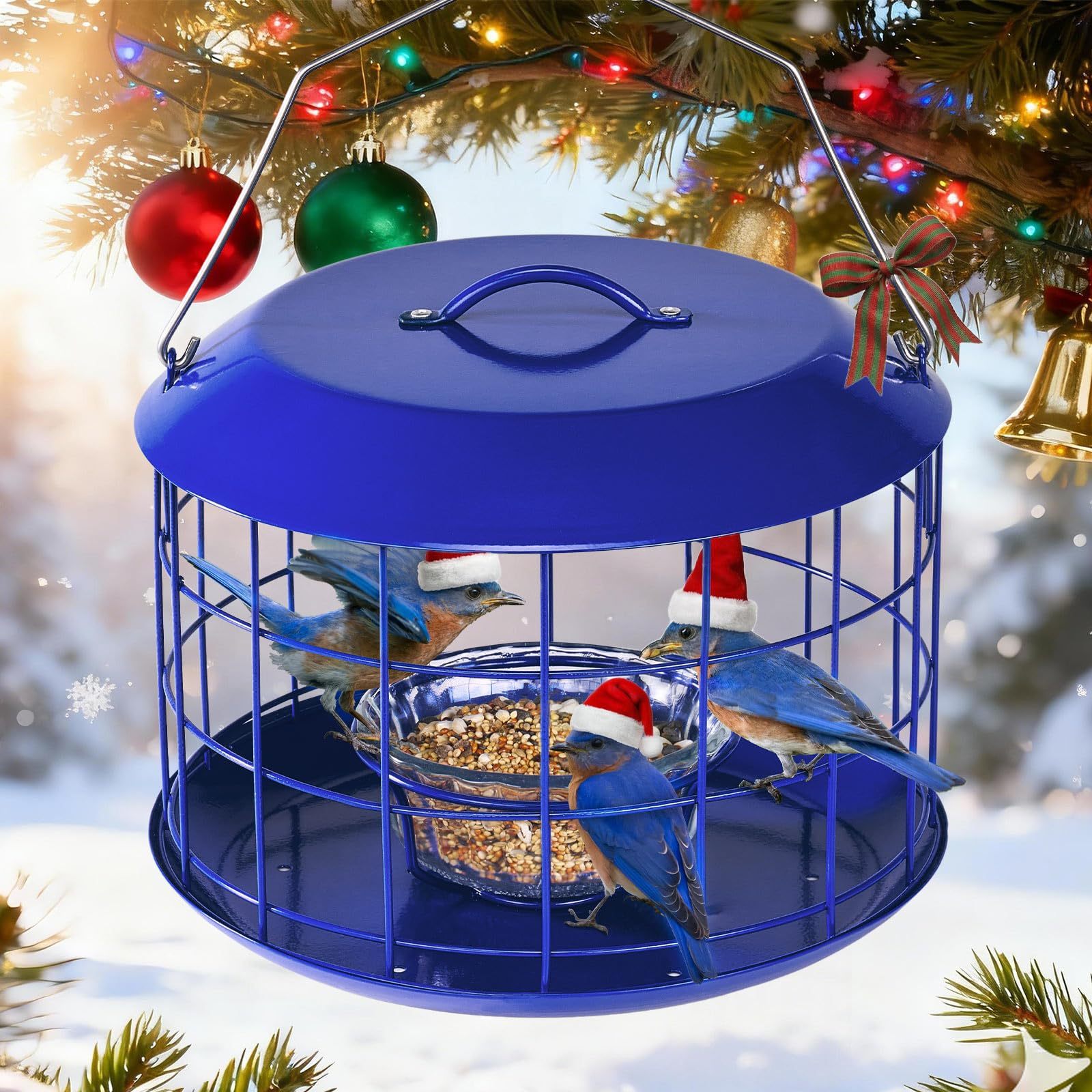 All Metal Bluebird Feeder, Outdoor Hanging Cage Mealworm Bird Feeder with Tray, Squirrel Proof & Weather Resistant, Easy to Refill and Clean