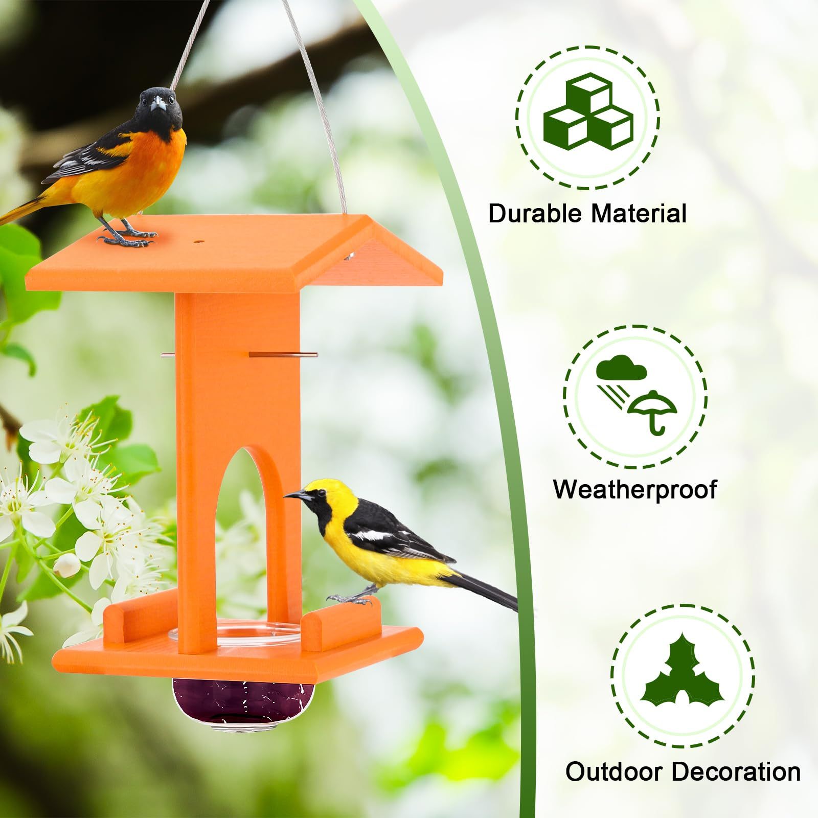 Oriole Feeders for Outdoors Hanging, All-in-One Recycled Plastic Oriole Feeder with Removable Glass Cup, for Jelly Jam Fruit Nectar Seed Feeding, Orange, 1 Pack