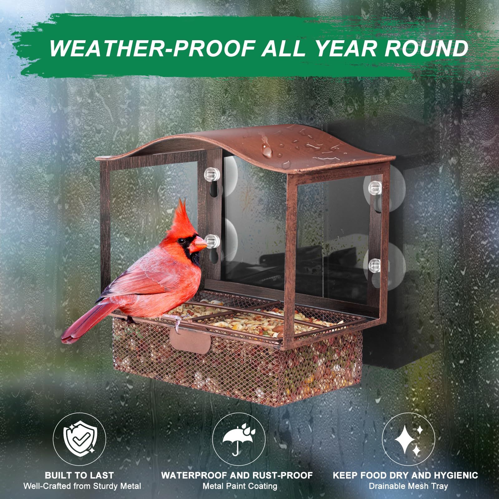 Window Mount Metal Bird Feeder with Wide View, Strong Suction Cups Outdoor Wild Bird Feeder for Bird Watching & Gifts