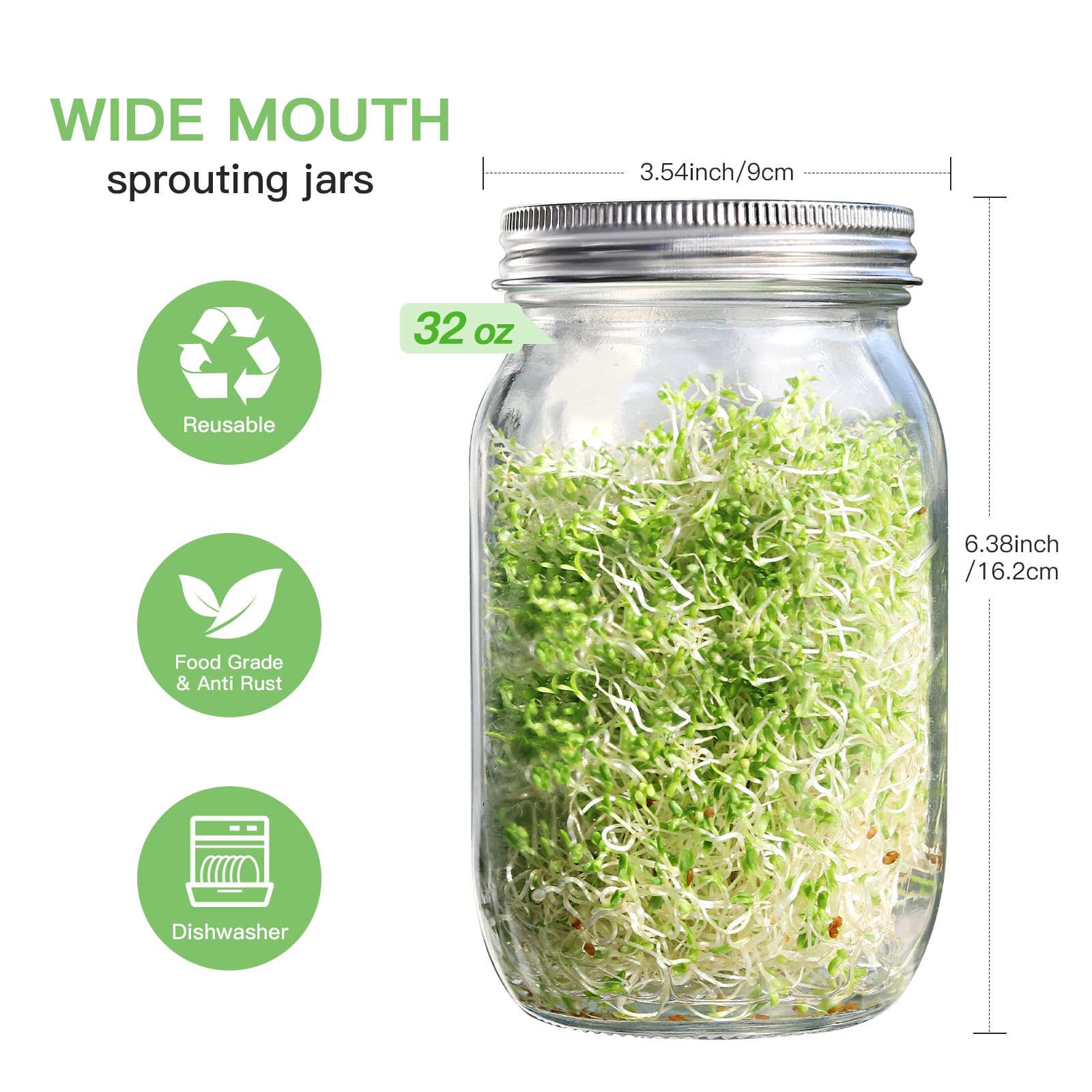 Seed Sprouting Jar Kit, 2 Pack Wide Mouth Mason Jars with 316 Stainless Steel Sprouting Lids, Drip Tray & Stand for Growing Broccoli, Alfalfa, Bean Sprouts