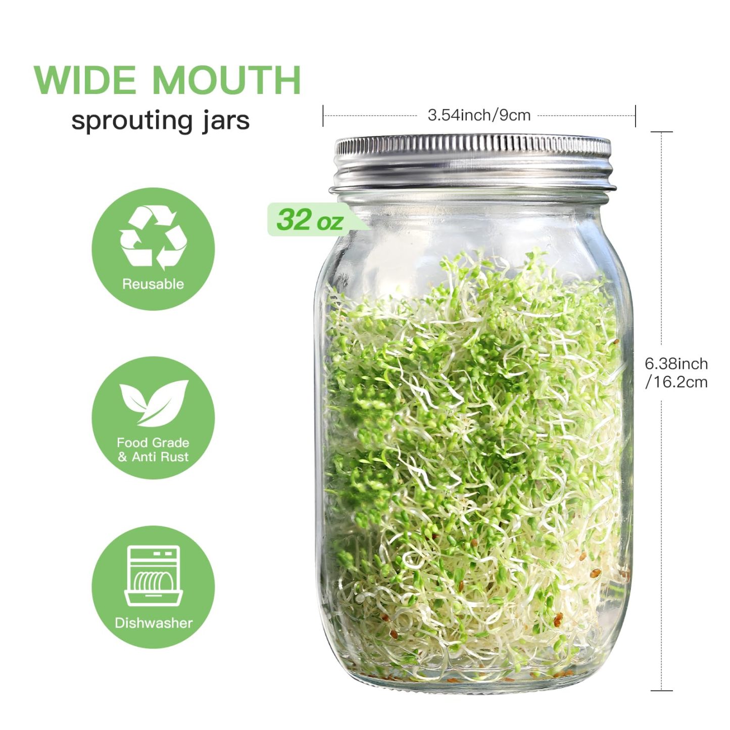 Seed Sprouting Jar Kit, 2 Pack Wide Mouth Mason Jars with 316 Stainless Steel Sprouting Lids, Drip Tray & Stand for Growing Broccoli, Alfalfa, Bean Sprouts