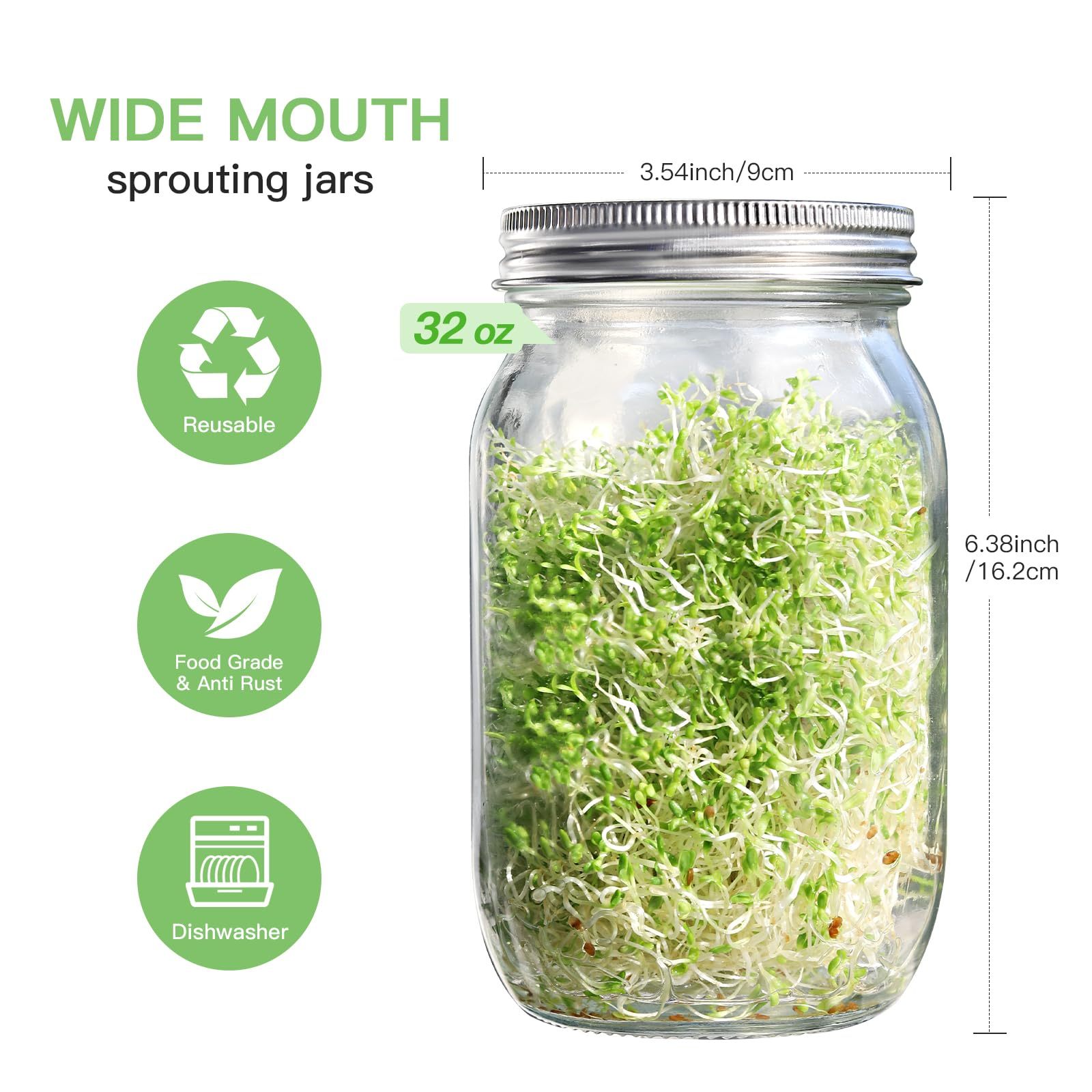 Seed Sprouting Jar Kit, 2 Pack Wide Mouth Mason Jars with 316 Stainless Steel Sprouting Lids, Drip Tray & Stand for Growing Broccoli, Alfalfa, Bean Sprouts