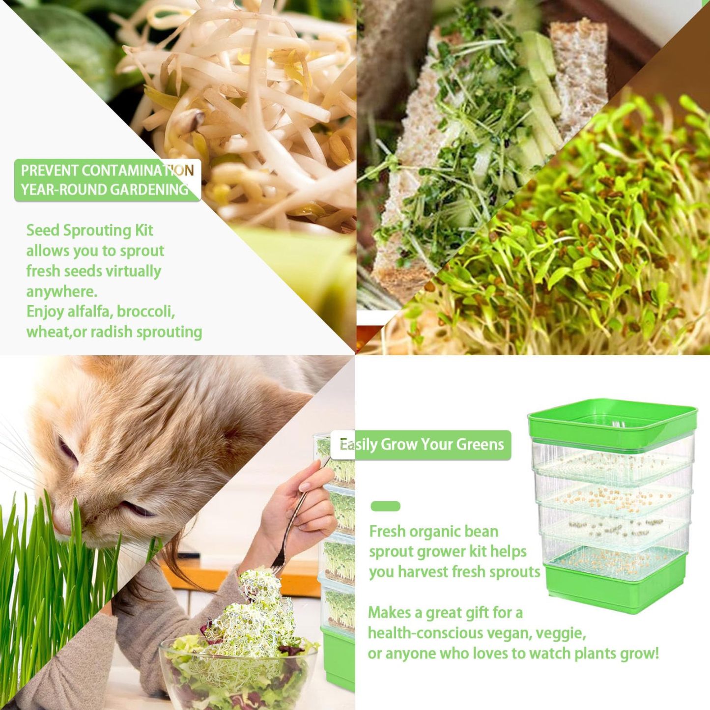 4-Tier Stackable Seed Sprouting Kit with Drain Holes & Drain Tray, Upgrade Ripple Soil-Free Sprouter Tray for Beans, Alfalfa & Microgreens