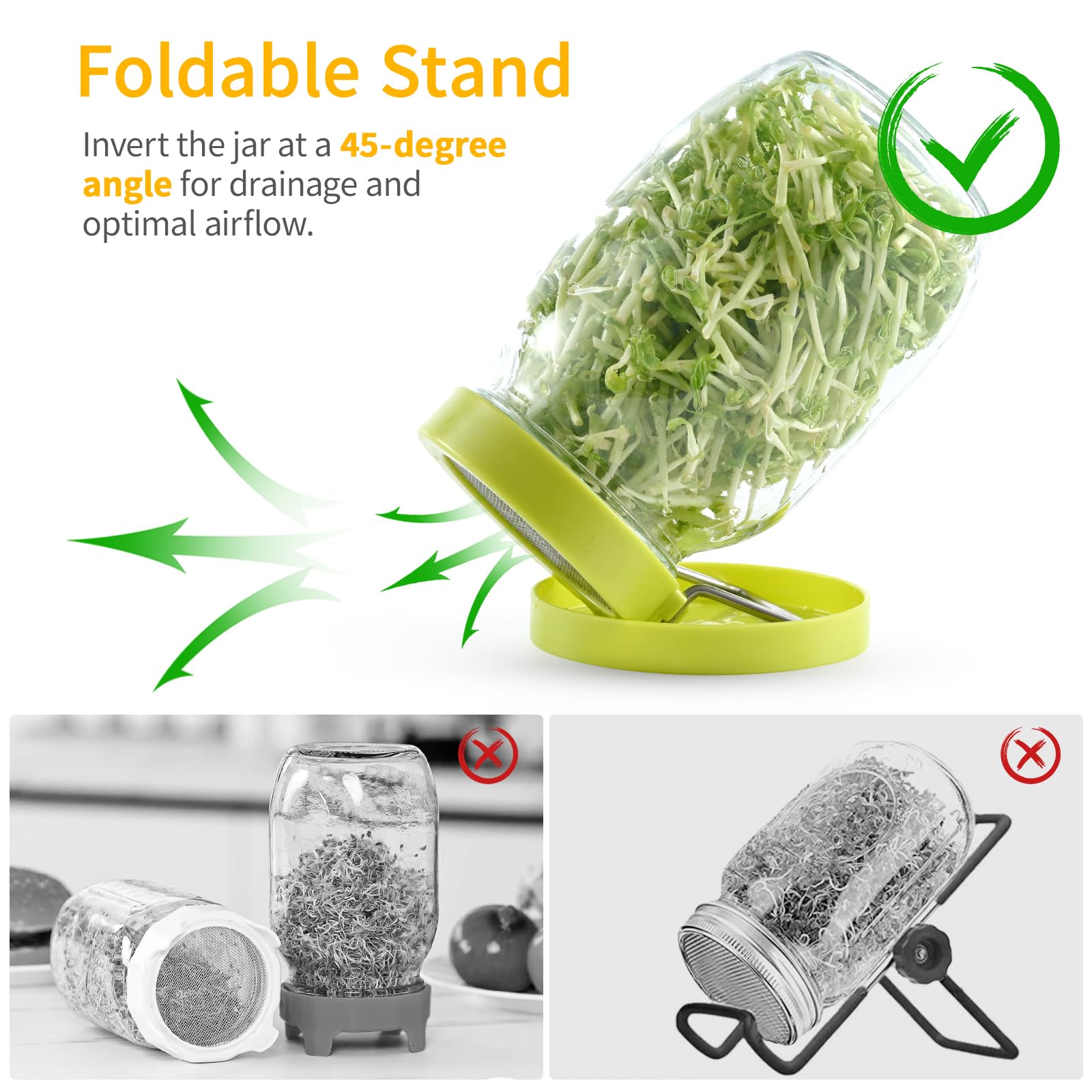 2 Pack Wide Mouth Jar Seed Sprouting Kit, 316 Stainless Steel Mesh Germination Lid with BPA-Free Drip Tray & Tilted Design, Ideal for Bean Sprouts, Broccoli, Alfalfa & Microgreens