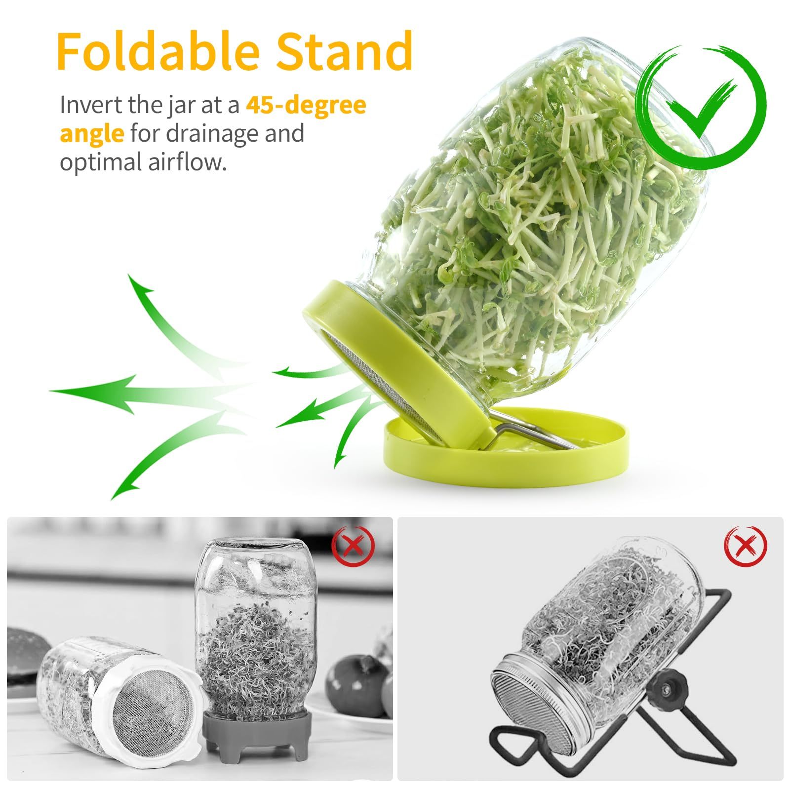 2 Pack Wide Mouth Jar Seed Sprouting Kit, 316 Stainless Steel Mesh Germination Lid with BPA-Free Drip Tray & Tilted Design, Ideal for Bean Sprouts, Broccoli, Alfalfa & Microgreens