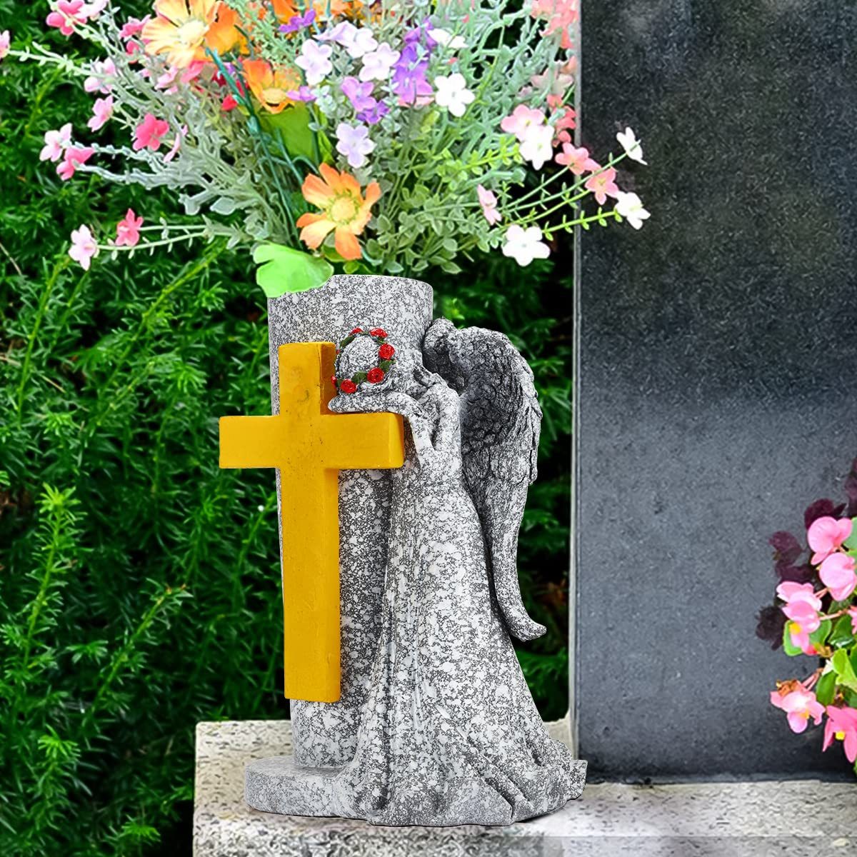Angel Garden Statue with Solar Cross Lights