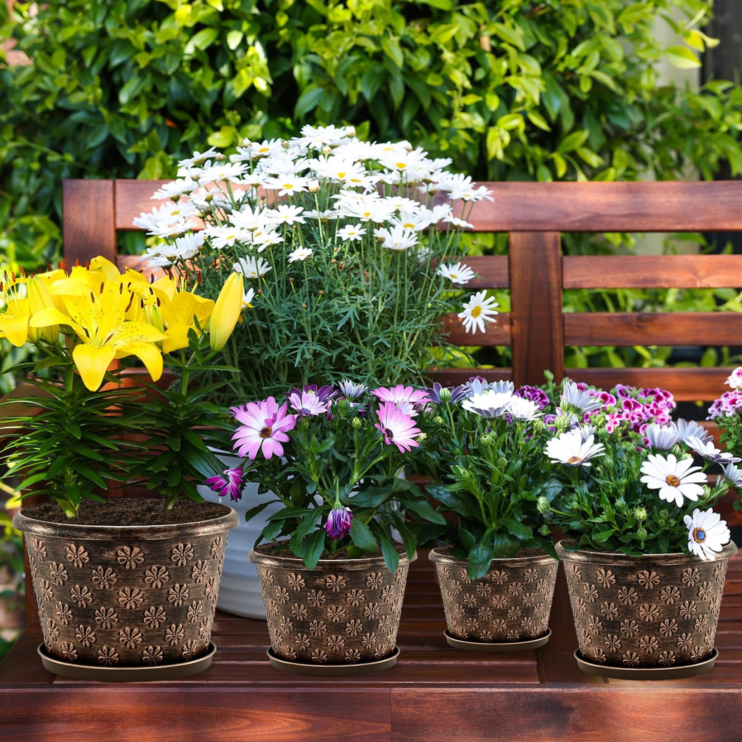 4 Pack 10 Inch Plastic Plant Pots, Large Resin Flower Planters with Drainage Hole & Removable Saucer, Retro Decorative Plant Pots for Indoor Outdoor Home Garden
