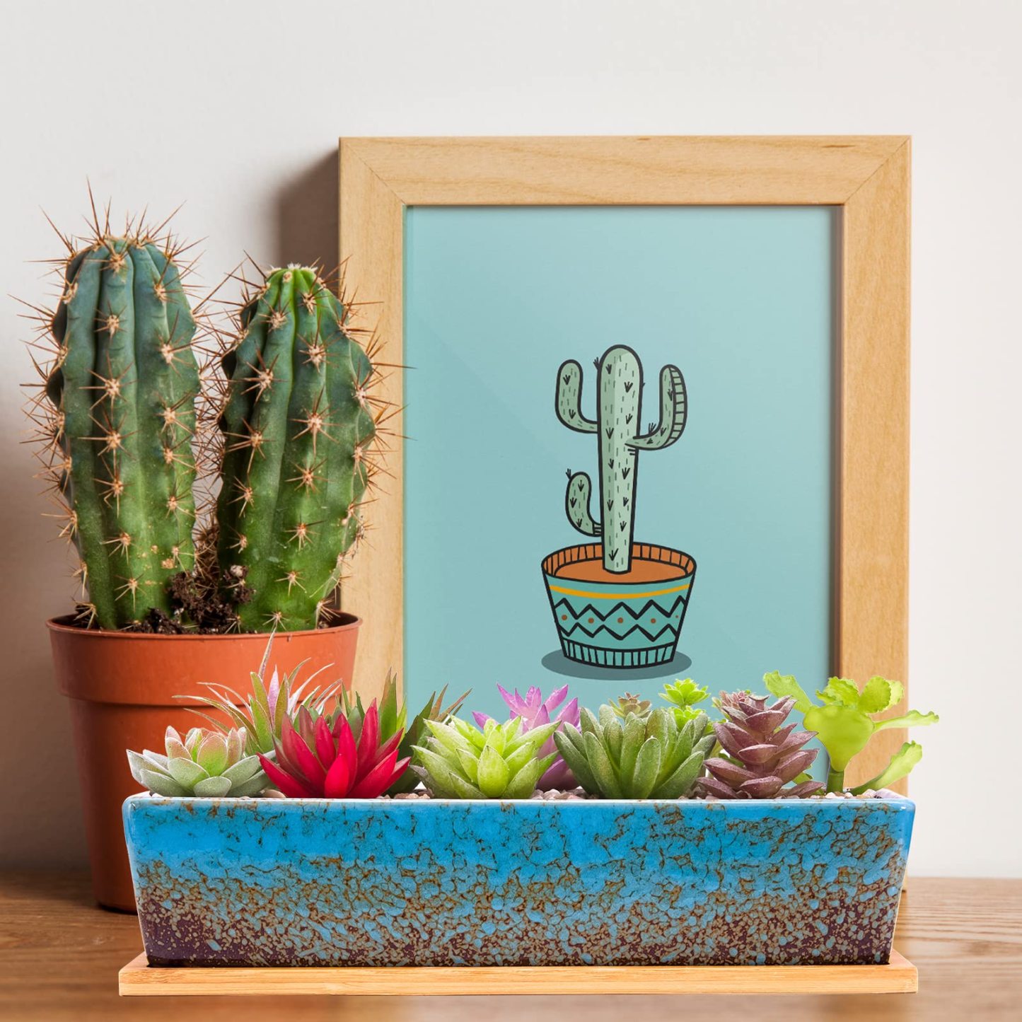 12 Inch Rectangular Ceramic Succulent Planter, Shallow Bonsai Flower Pot with Drainage Hole & Bamboo Tray, Home Garden Window Box for Cactus Plant Decor