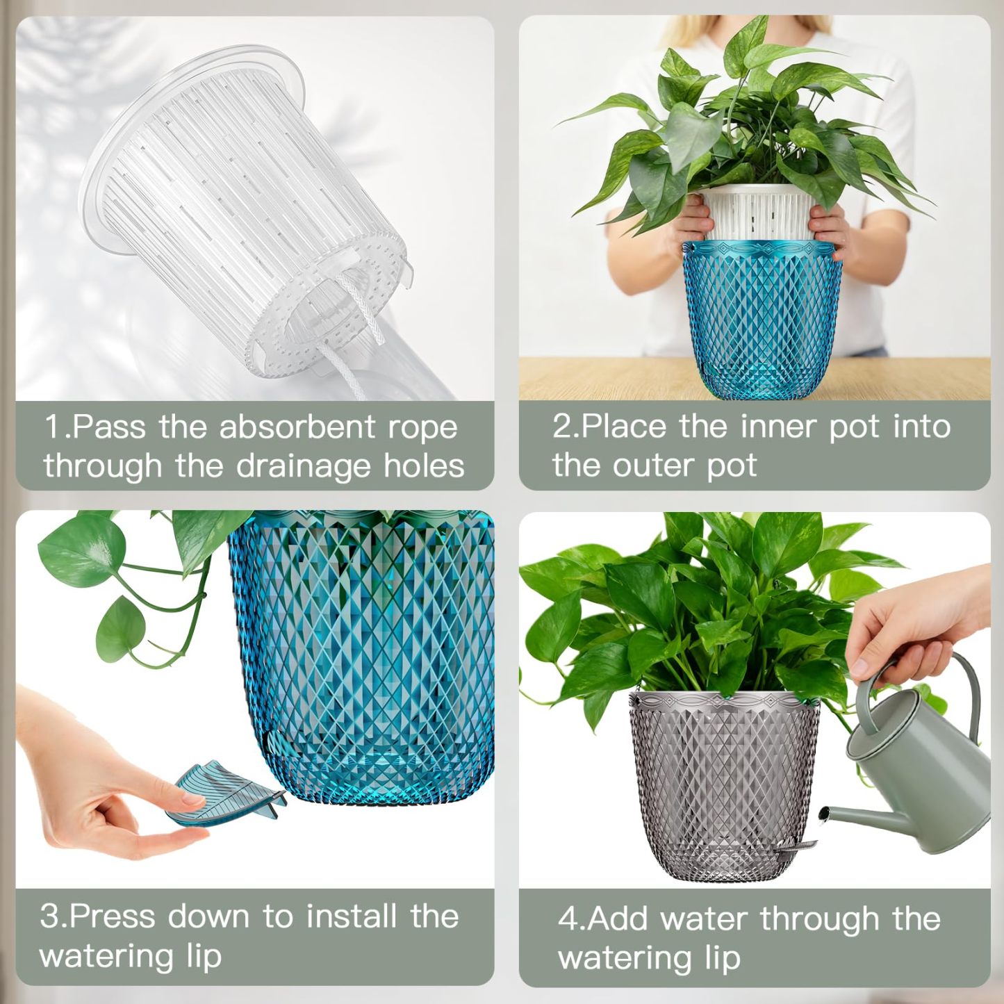2 Pack Self Watering Plant Pots, 7.2 Inch Plastic Planters with Drainage Holes & Water Inlet Port, Modern Garden Flower Pots for Indoor Outdoor Plants