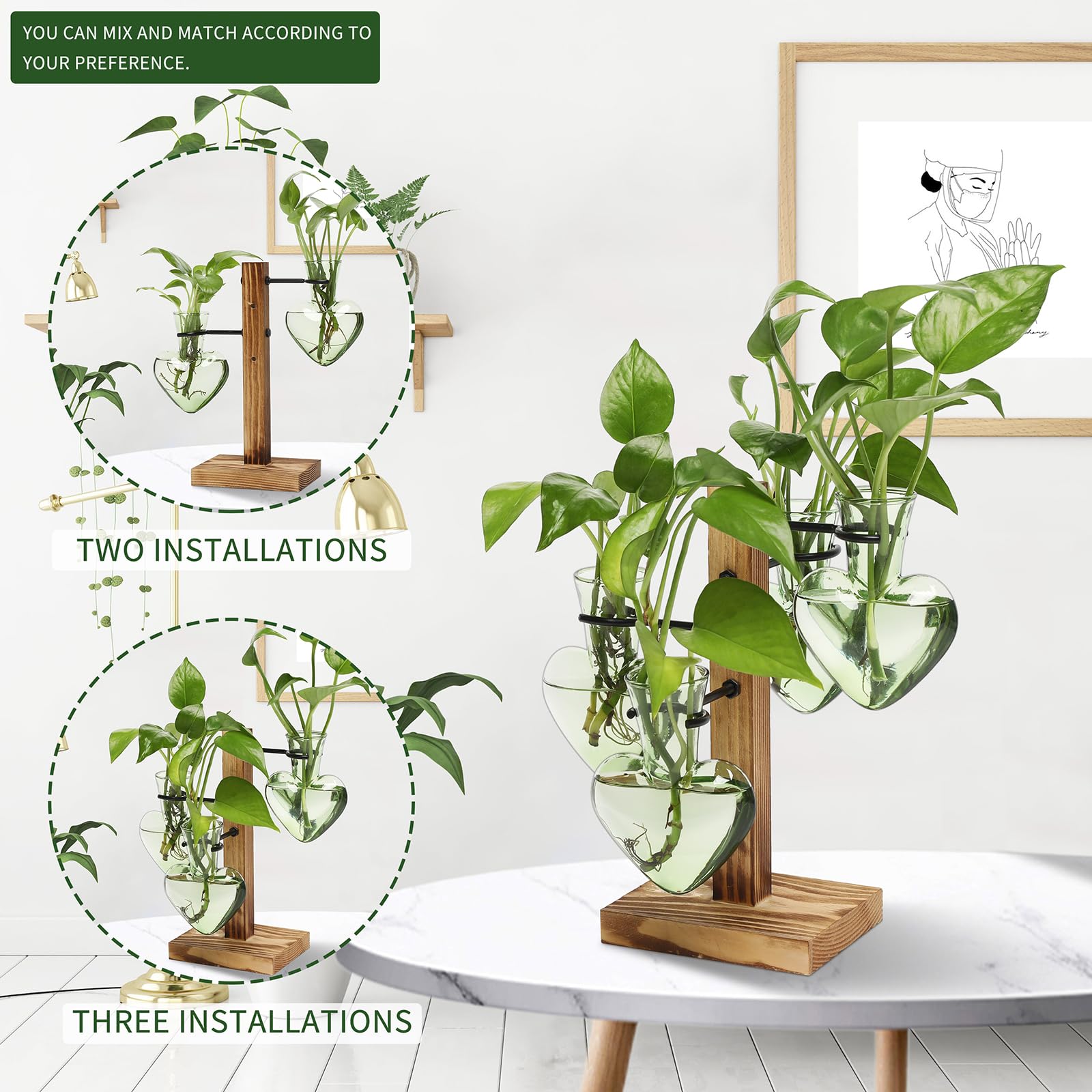 4 Pcs Love Bulb Glass Propagation Station with Wooden Stand, Hydroponic Plant Terrarium Vase, Indoor Home Office Decorative Gardening Gift for Women