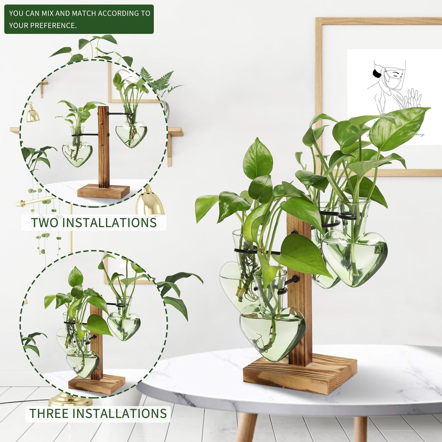 4 Pcs Love Bulb Glass Propagation Station with Wooden Stand, Hydroponic Plant Terrarium Vase, Indoor Home Office Decorative Gardening Gift for Women