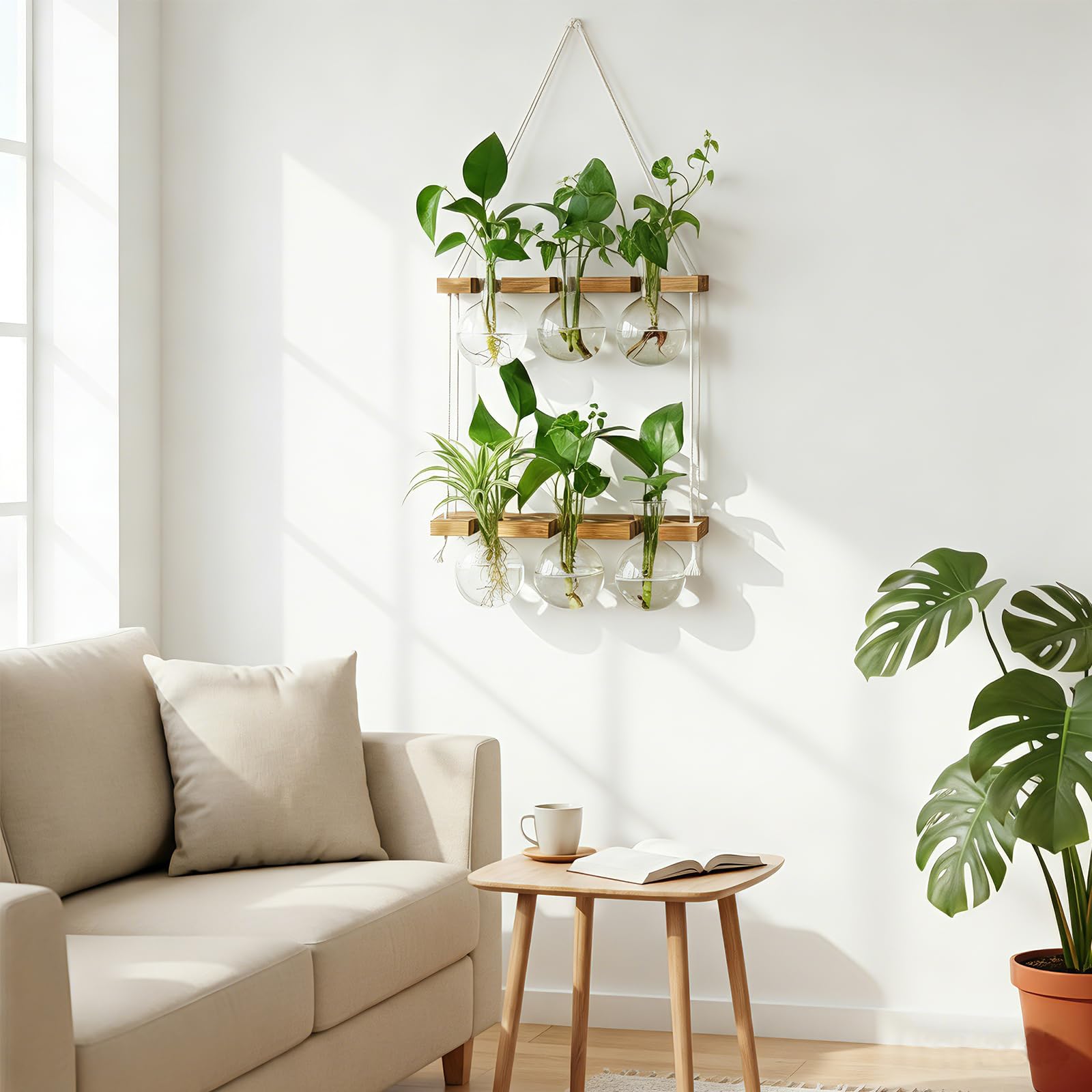 2 Tier Wall Hanging Plant Propagation Station, Wooden Stand Hydroponic Terrarium with 6 Bulb Glass Vases, Home Wall Decor Gardening Gifts for Plant Lovers