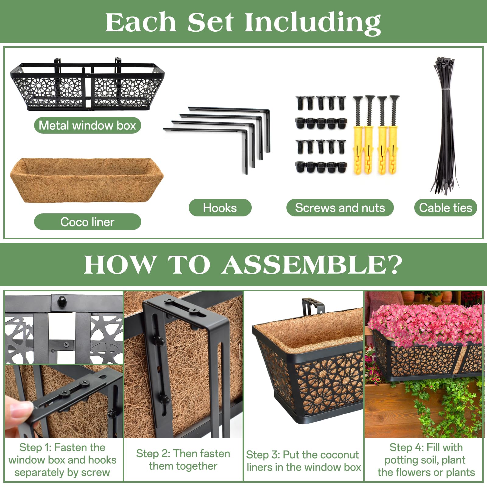 2 Pack 24 Inch Hanging Railing Planter Boxes, Window Flower Planters with Coco Liner & Adjustable Brackets for Outdoor Balcony Deck Fence