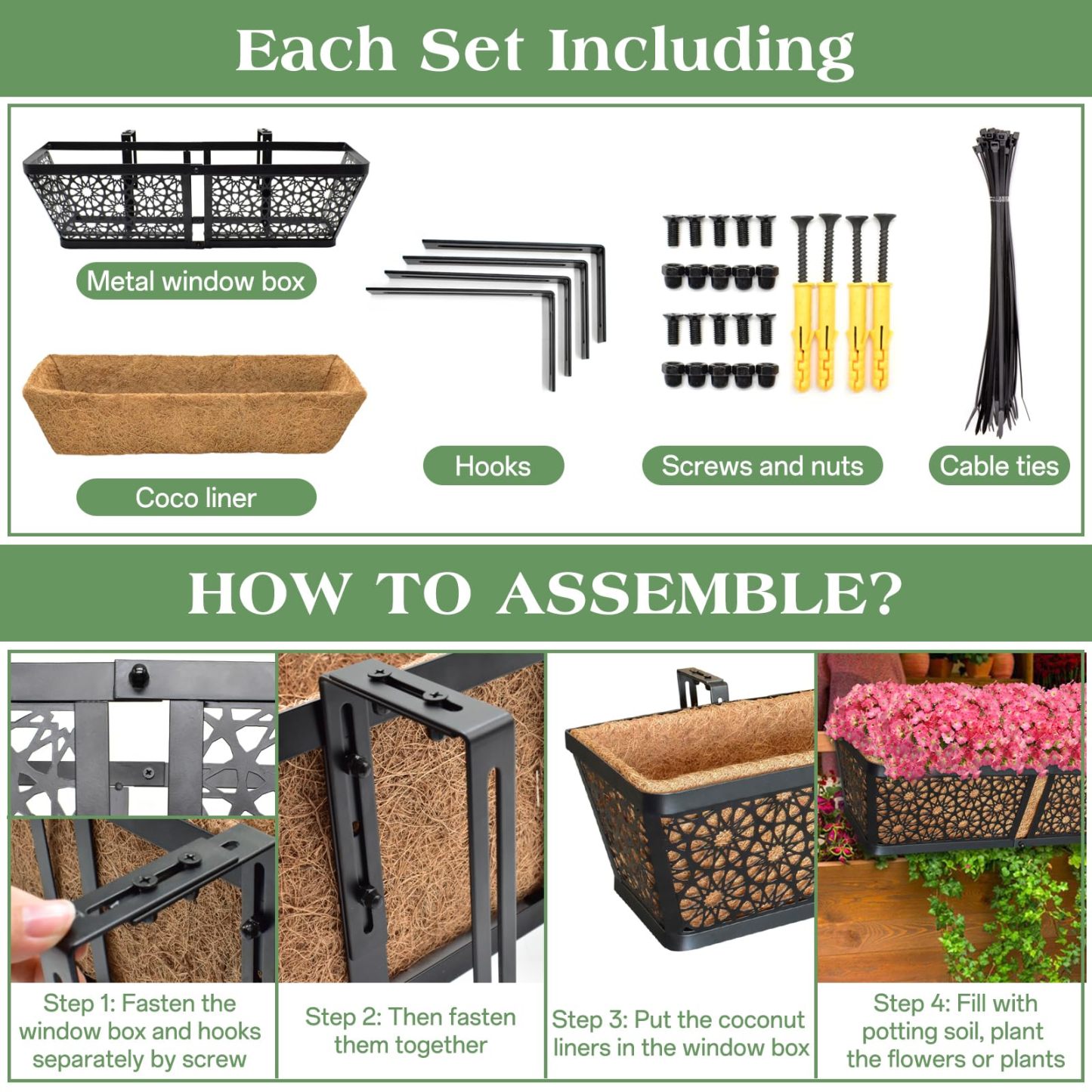 2 Pack 24 Inch Hanging Railing Planter Boxes, Window Flower Planters with Coco Liner & Adjustable Brackets for Outdoor Balcony Deck Fence