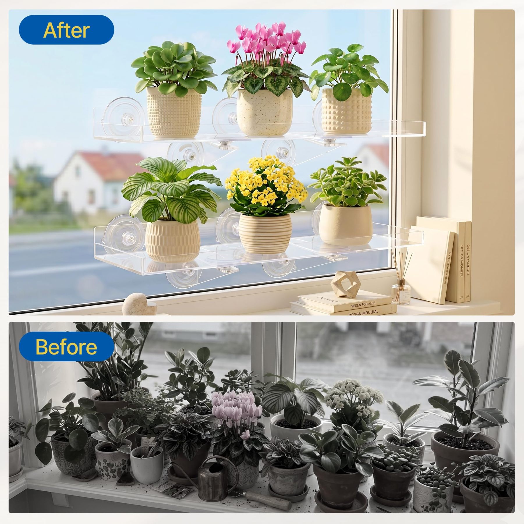 2 Pack 15.7 x 5.9 Inch Acrylic Window Plant Shelves, Heavy Duty Suction Cup Floating Shelf with Support Bracket for Indoor Succulents Plants