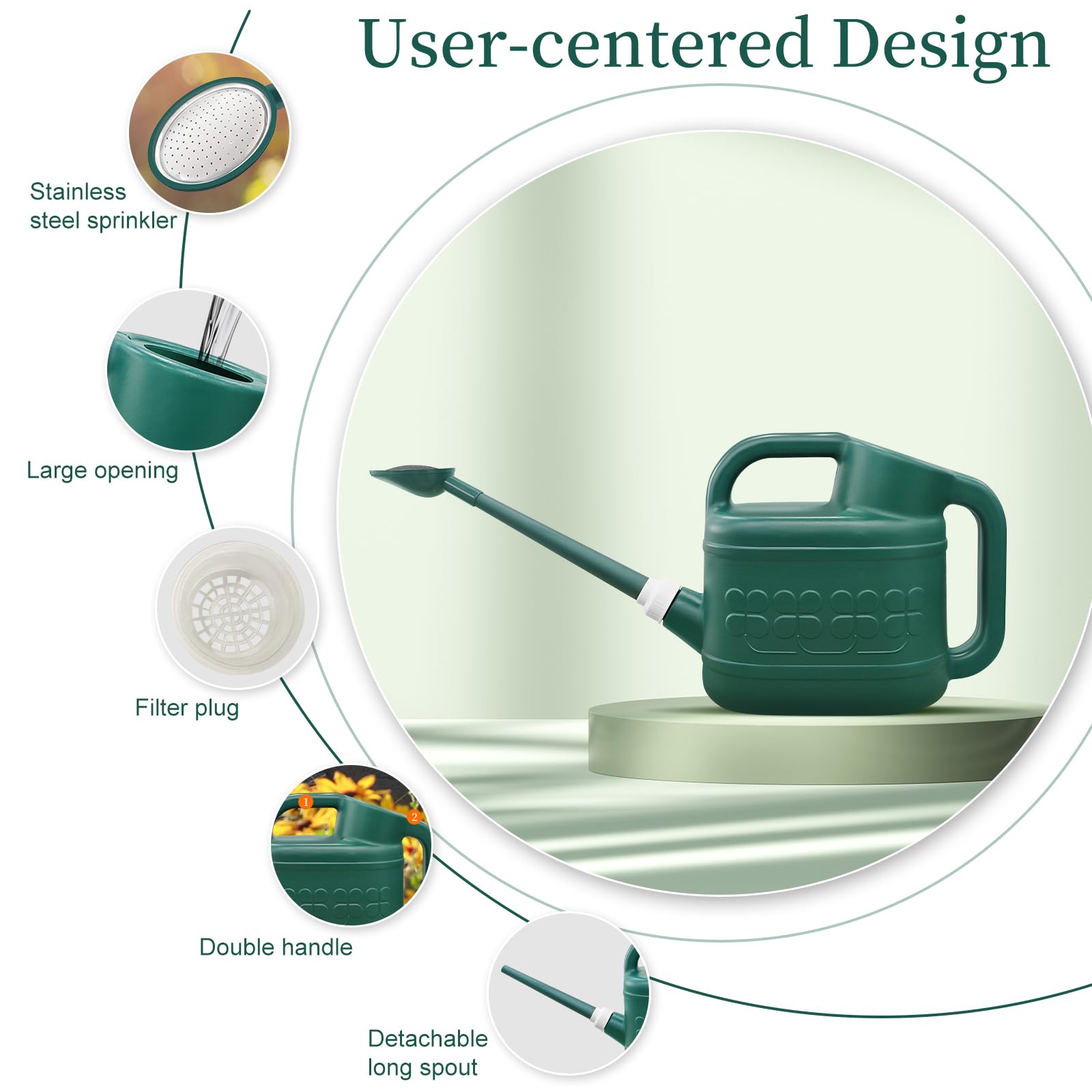 2 Gallon Plastic Watering Can, Large Garden Water Can with Removable Long Spout & Stainless Steel Sprinkler Head for Outdoor Flower Plants