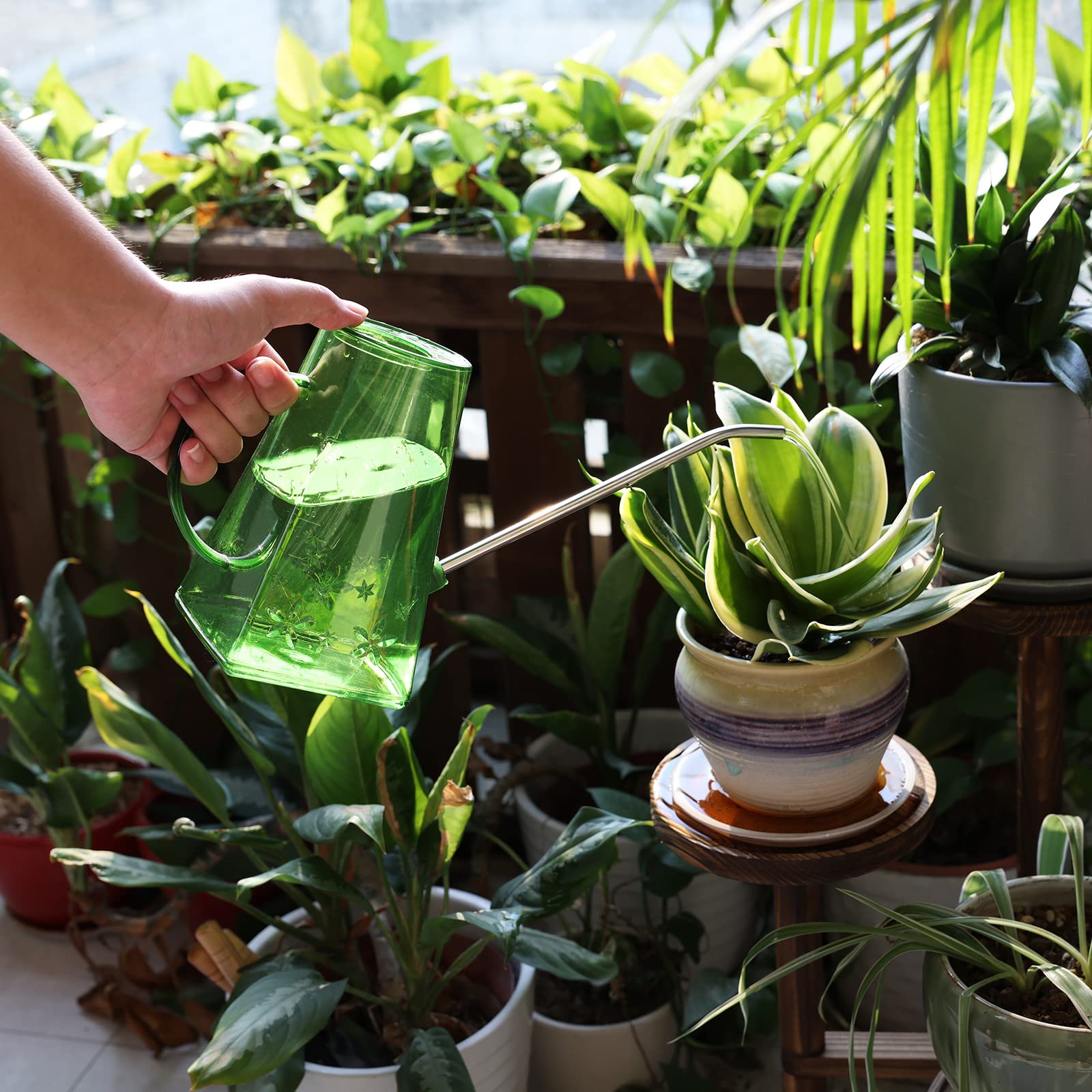 47oz Plastic Watering Can with Long Spout & Wide Opening, Green, Comes with 16oz Spray Bottle + 8.5oz Squeeze Bottle for House Plants