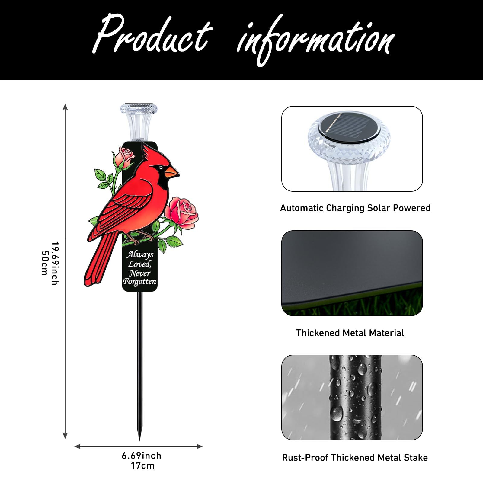 Red Cardinal Solar Memorial Stakes, Metal Cemetery Grave Decor with LED Lights, Sympathy Bereavement Gift for Loss of Mom, Grandma & Loved Ones