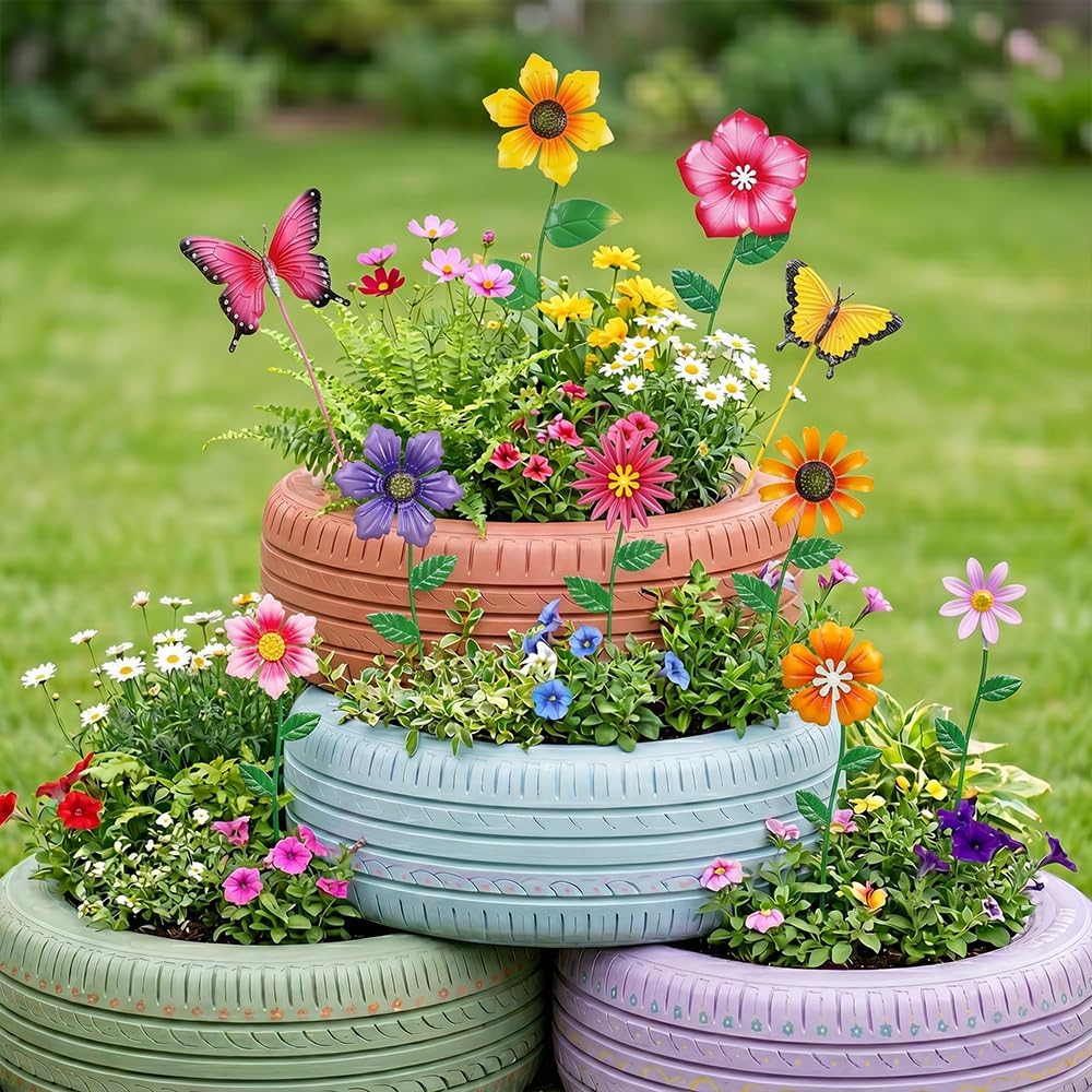 Set of 10 Multi-Color Metal Flower Garden Stakes, Spring Outdoor Decor, Yard Art Ornaments for Lawn, Porch & Pathway