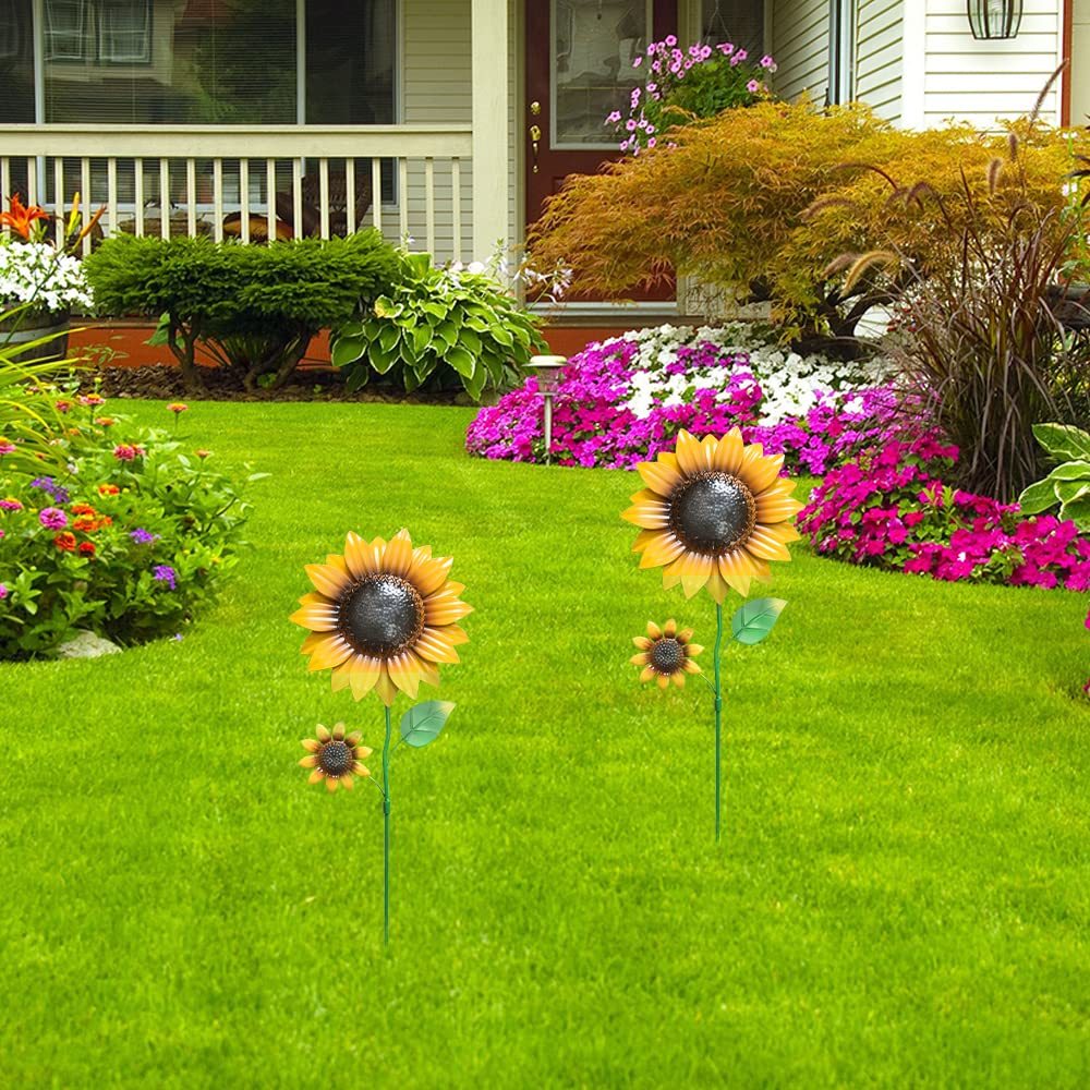 22.4" Metal Sunflower Garden Stakes, 2 Pcs Shaking Head Flower Ornaments, Spring Decor for Yard, Lawn and Patio