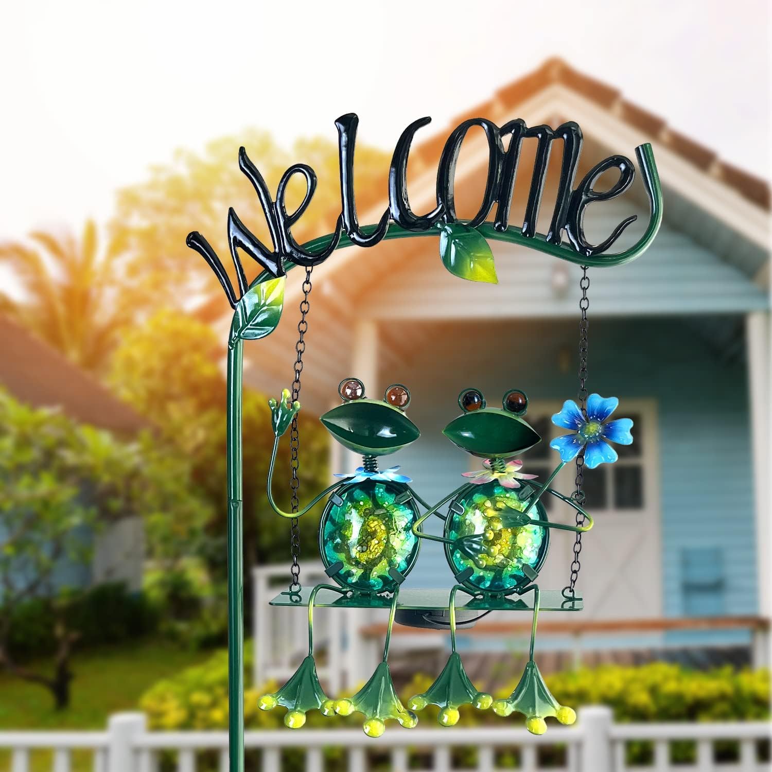 48 Inch Solar Frog Swing Garden Stake, Waterproof Outdoor Landscape Lights with Welcome Sign, Decorative Yard Patio Ornament, Gift for Mom & Women