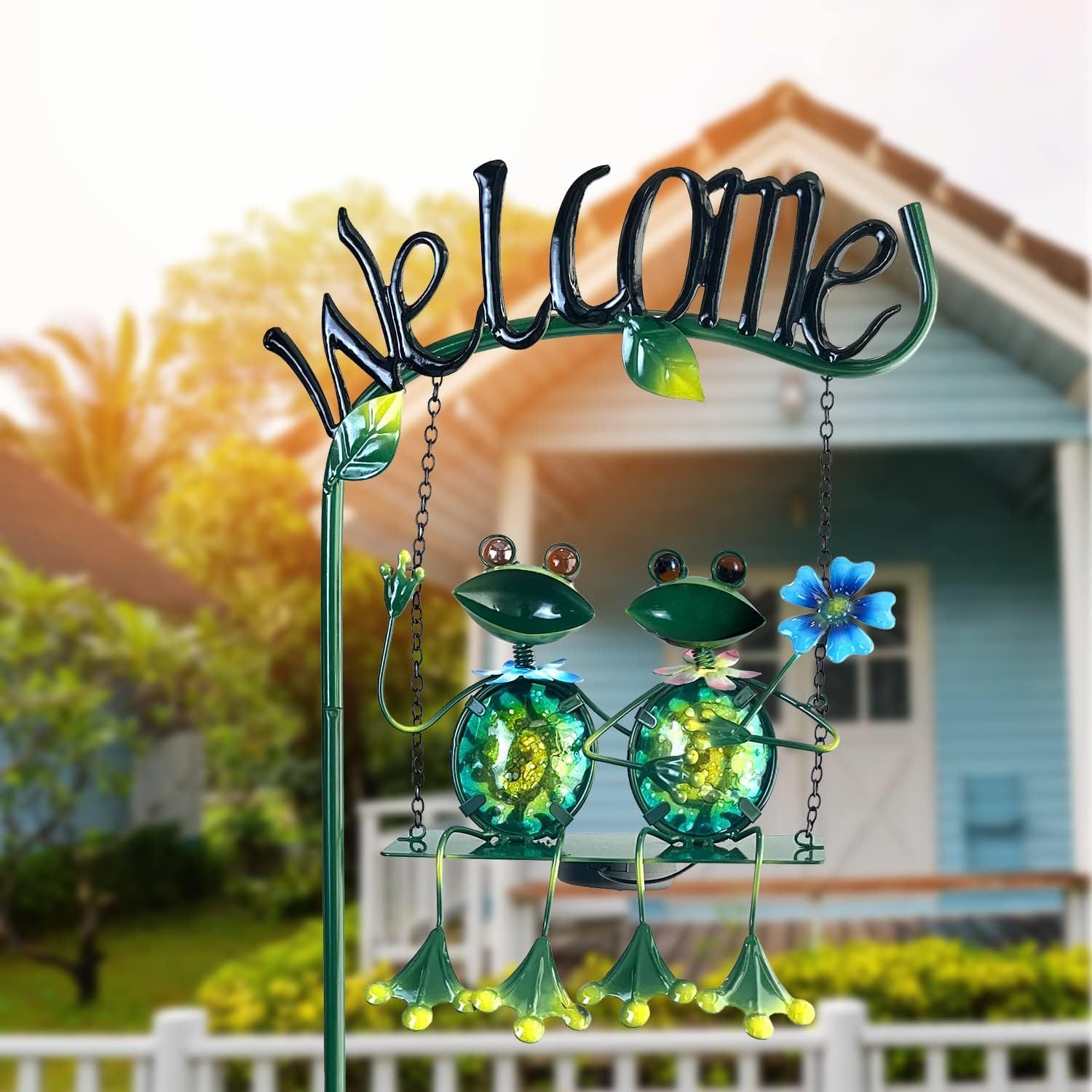 48 Inch Solar Frog Swing Garden Stake, Waterproof Outdoor Landscape Lights with Welcome Sign, Decorative Yard Patio Ornament, Gift for Mom & Women