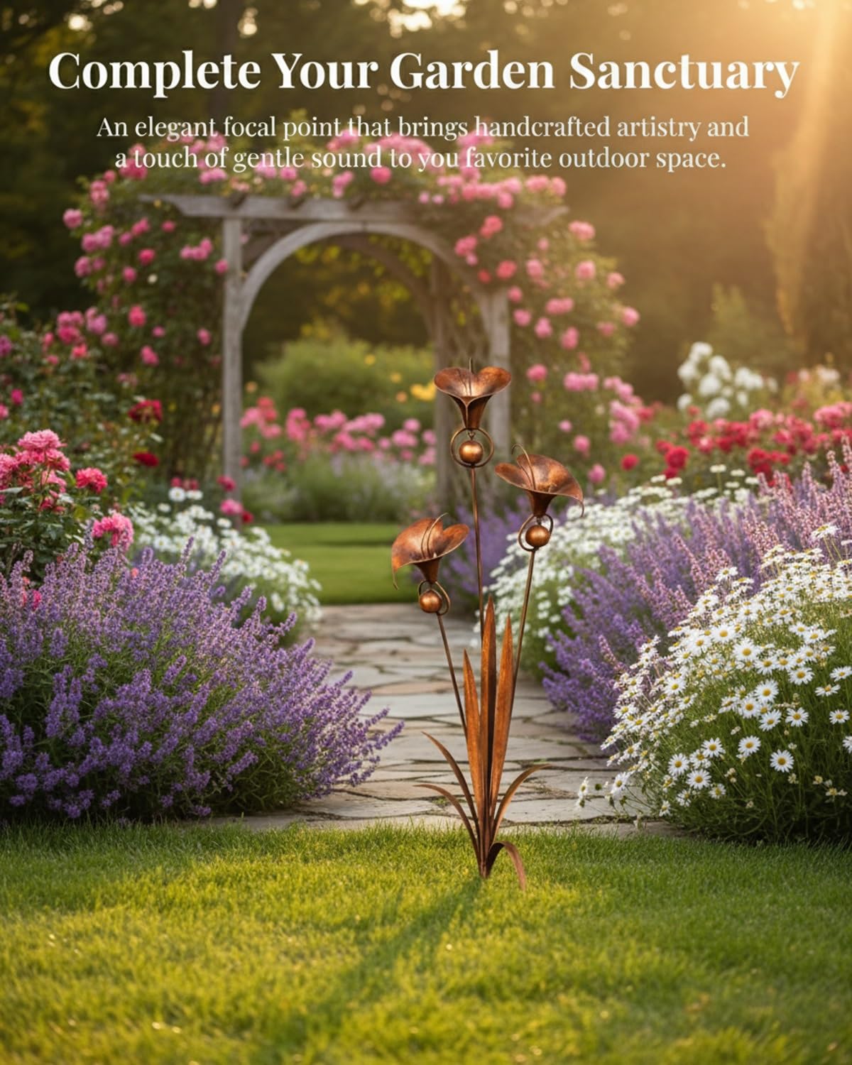 24 Inch Handmade Flamed Copper Calla Lily Garden Stake, 3 Flowers with Bells & Rain Catcher, Rustic Metal Yard Art Sculpture, Wind Chime Ornament & Gift