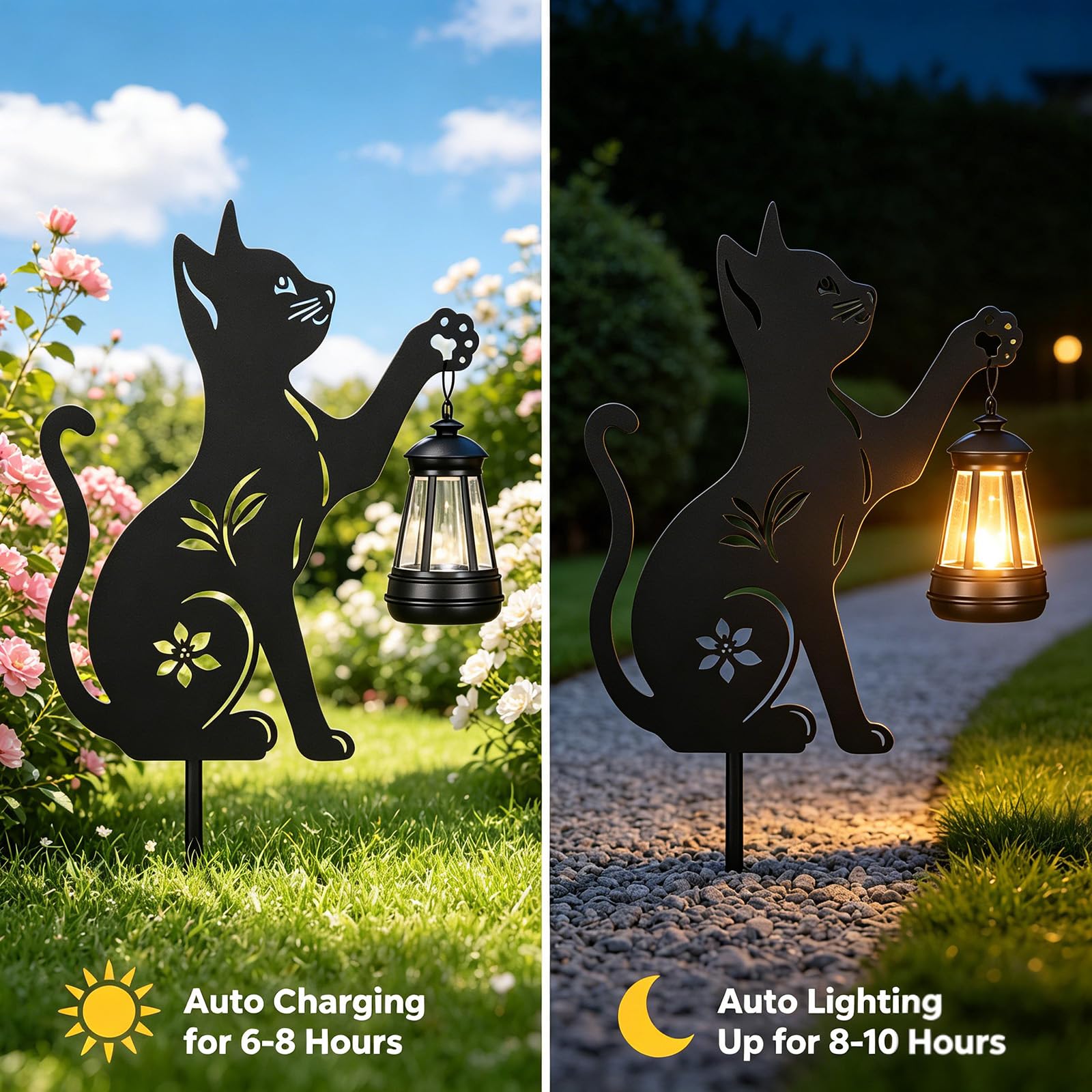 2 Pack Solar Cat Lantern, Hanging Black Cat Solar Lights, Metal Garden Stakes Statue for Yard Lawn Patio Decor, Ideal Gifts for Mom Grandma Women