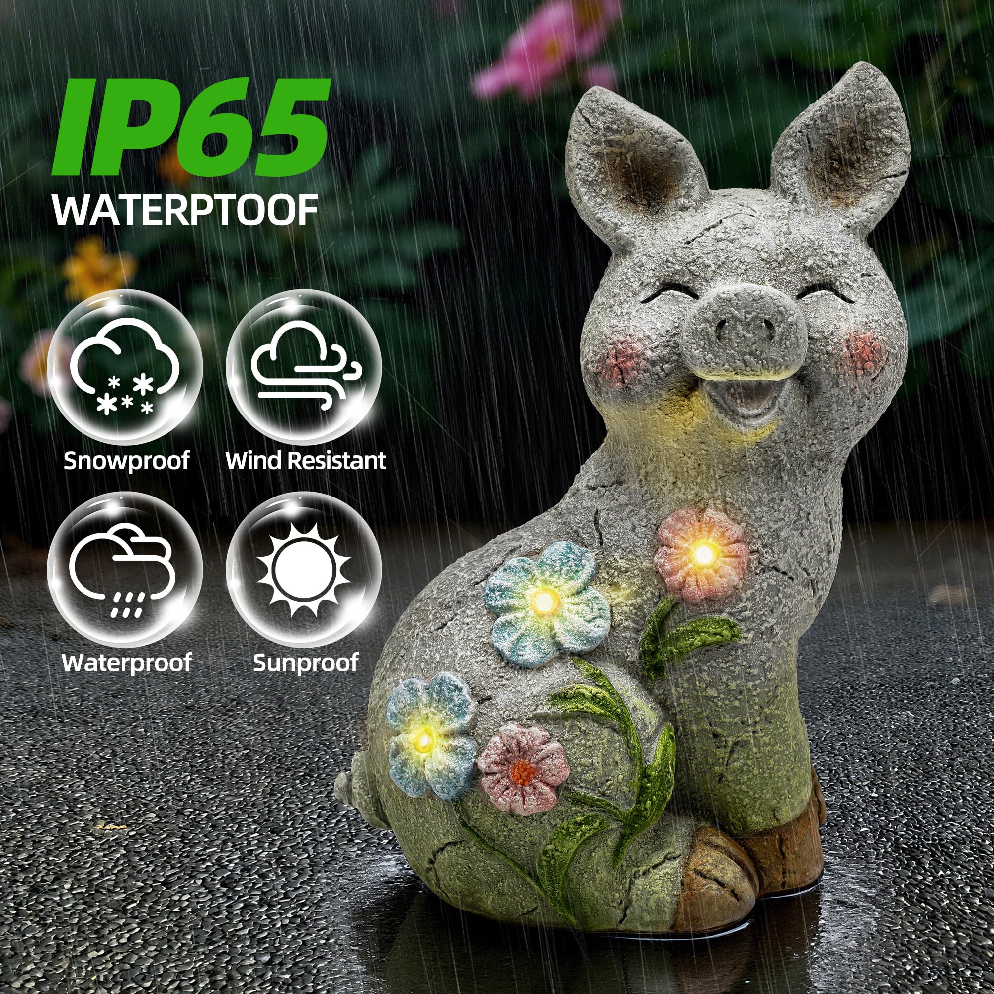 Solar Powered Pig Statue with LED Lights, Outdoor Resin Pig Figurine Garden Decor for Yard Lawn Patio Balcony, Unique Birthday Housewarming Gift for Mom & Women