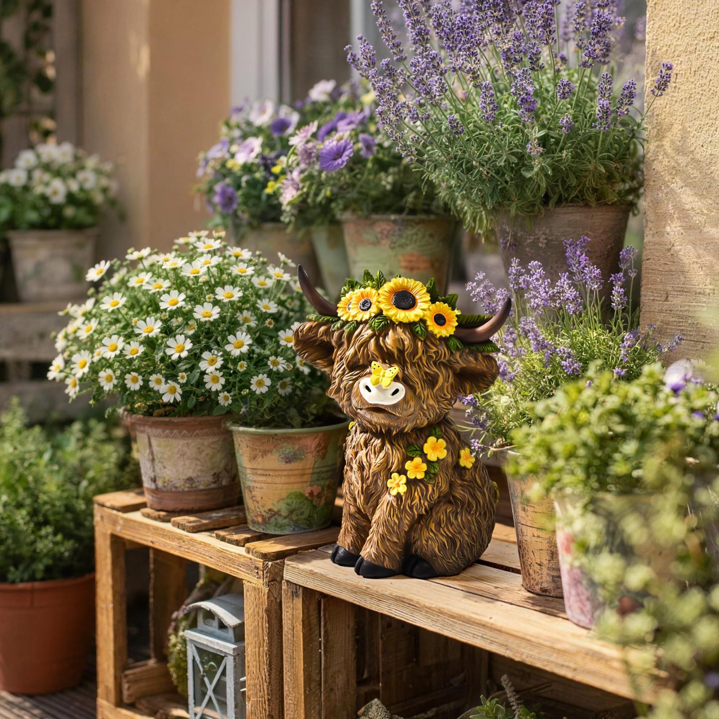 8 Inch Highland Cow Statue, Resin Highland Cow Figurine Indoor Outdoor Decor for Patio Yard Lawn Windowsill, Lovely Garden Gift for Mom & Friends