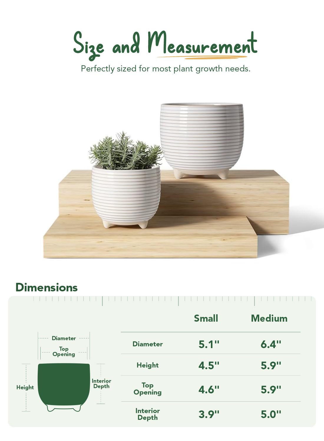 White Ceramic Plant Pots, 5.1 + 6.4 Inch Footed Planters, Modern Flower Pots with Drainage Holes, Reactive Glaze Indoor Planters for Home & Office