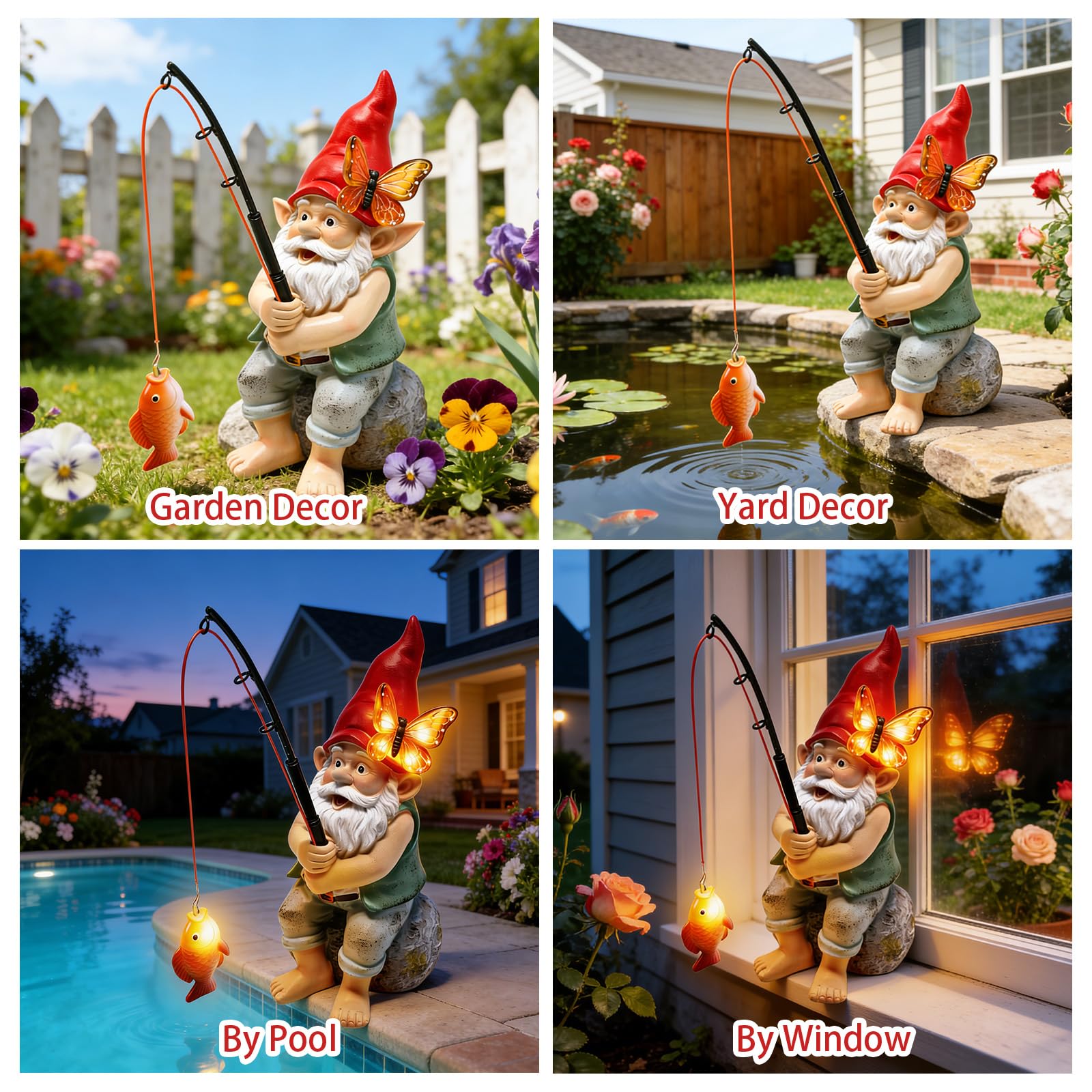 Solar Fishing Garden Gnome Statue with Butterfly Solar LED Lights, Waterproof Outdoor Figurine Ornament for Yard Patio Lawn Porch Decor, Perfect Mother’s Day & Birthday Gifts for Mom Women