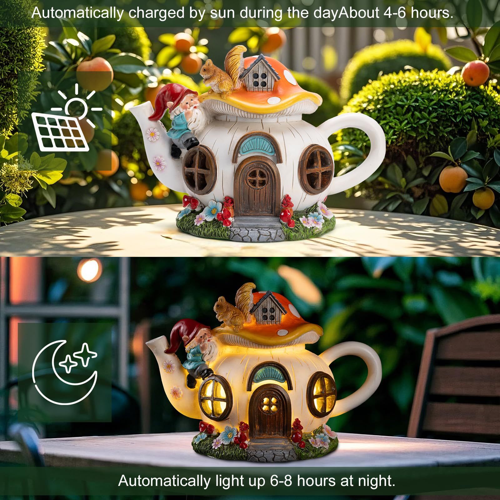 Solar Fairy House Statue with Gnome & Squirrel Figurines, Waterproof Outdoor Fairy Garden Accessories for Yard Patio Lawn Balcony, Gifts for Mom & Grandma