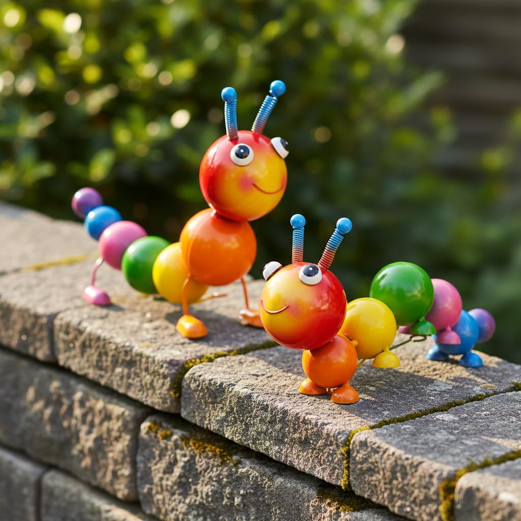 Set of 2 Metal Caterpillar Garden Statues, Outdoor Yard Art Ornaments for Patio Lawn Fence Decor, Gifts for Garden Lovers Family & Friends