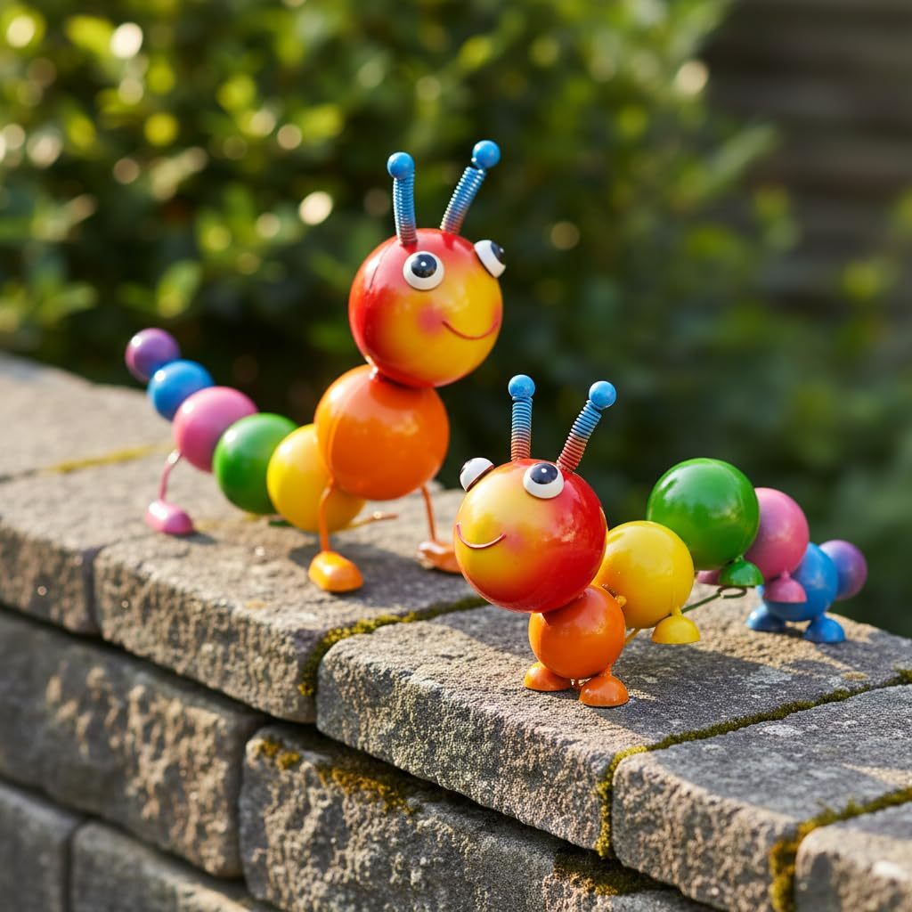 Set of 2 Metal Caterpillar Garden Statues, Outdoor Yard Art Ornaments for Patio Lawn Fence Decor, Gifts for Garden Lovers Family & Friends