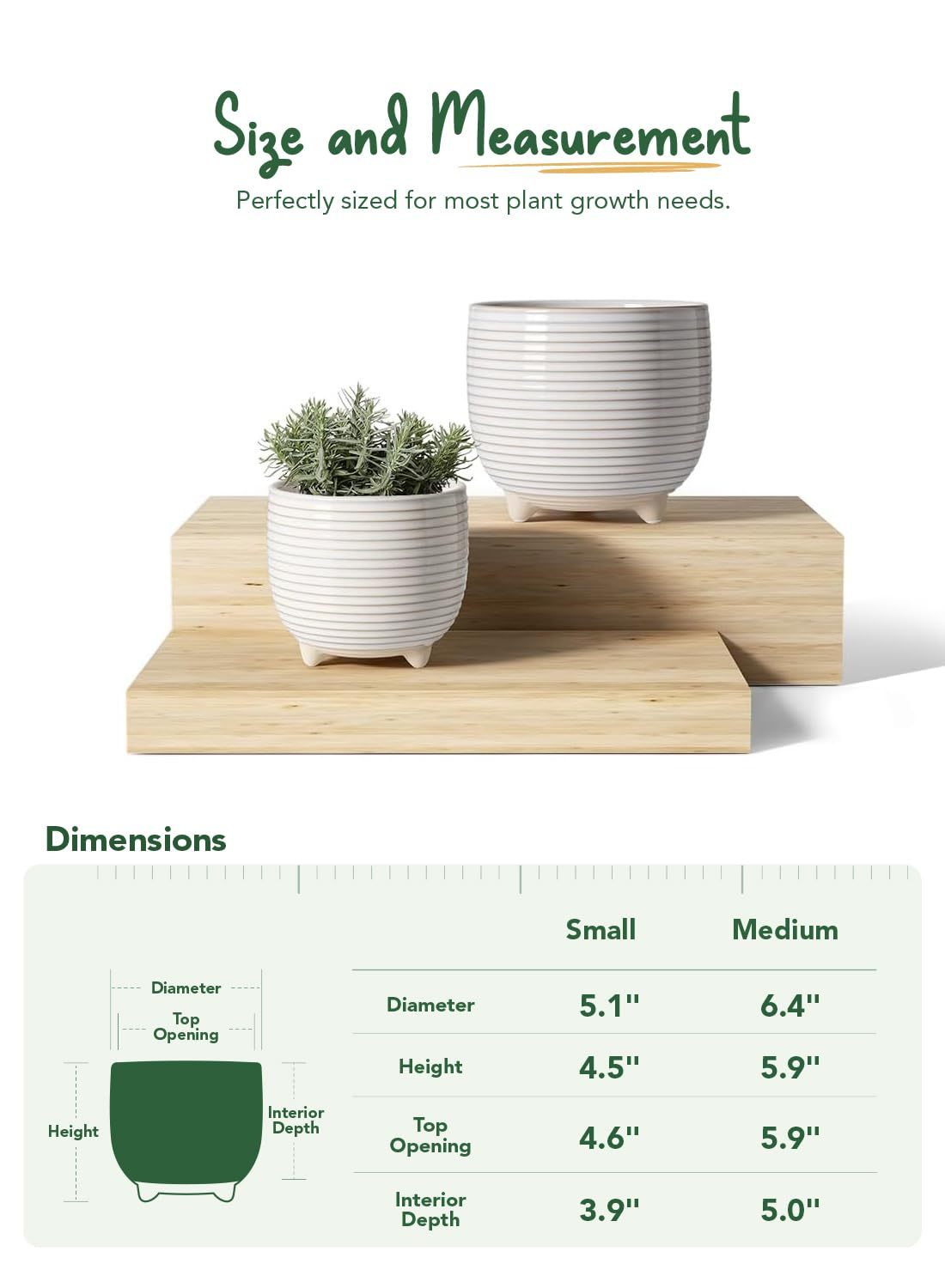 White Ceramic Plant Pots, 5.1 + 6.4 Inch Footed Planters, Modern Flower Pots with Drainage Holes, Reactive Glaze Indoor Planters for Home & Office