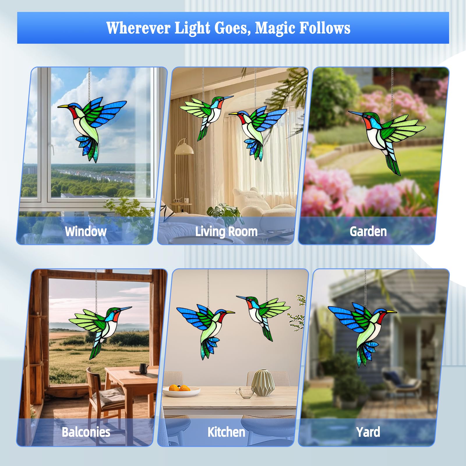 2 Pack Handmade Hummingbird Stained Glass Suncatcher, 6 Inch Glass Window Hanging Ornament with Copper Foil Edges, Suction Hooks Included, Bird Lover Gift for Mom Grandma Women