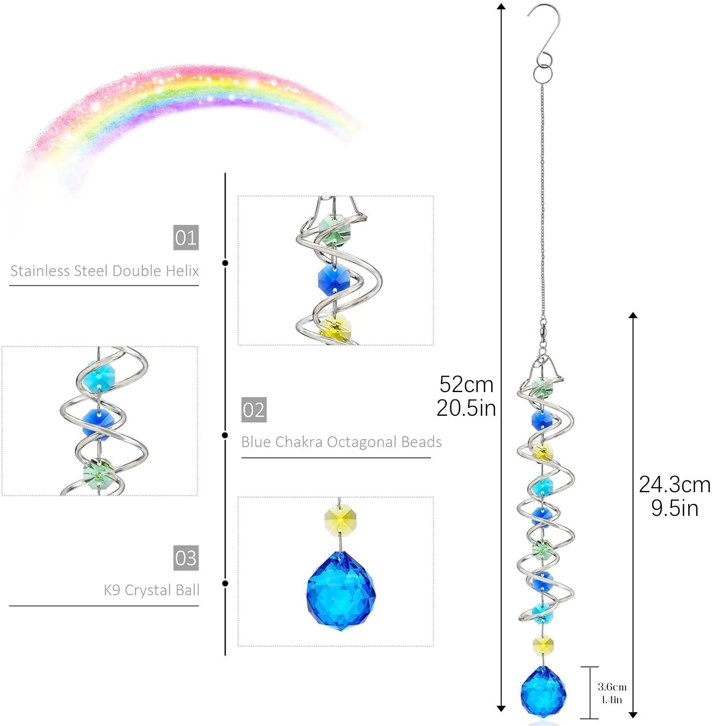 20.5 Inch Double Spiral Wind Spinner with Sea Blue Crystal Gazing Ball, Hanging Sun Catcher Rainbow Maker for Indoor Outdoor Decor