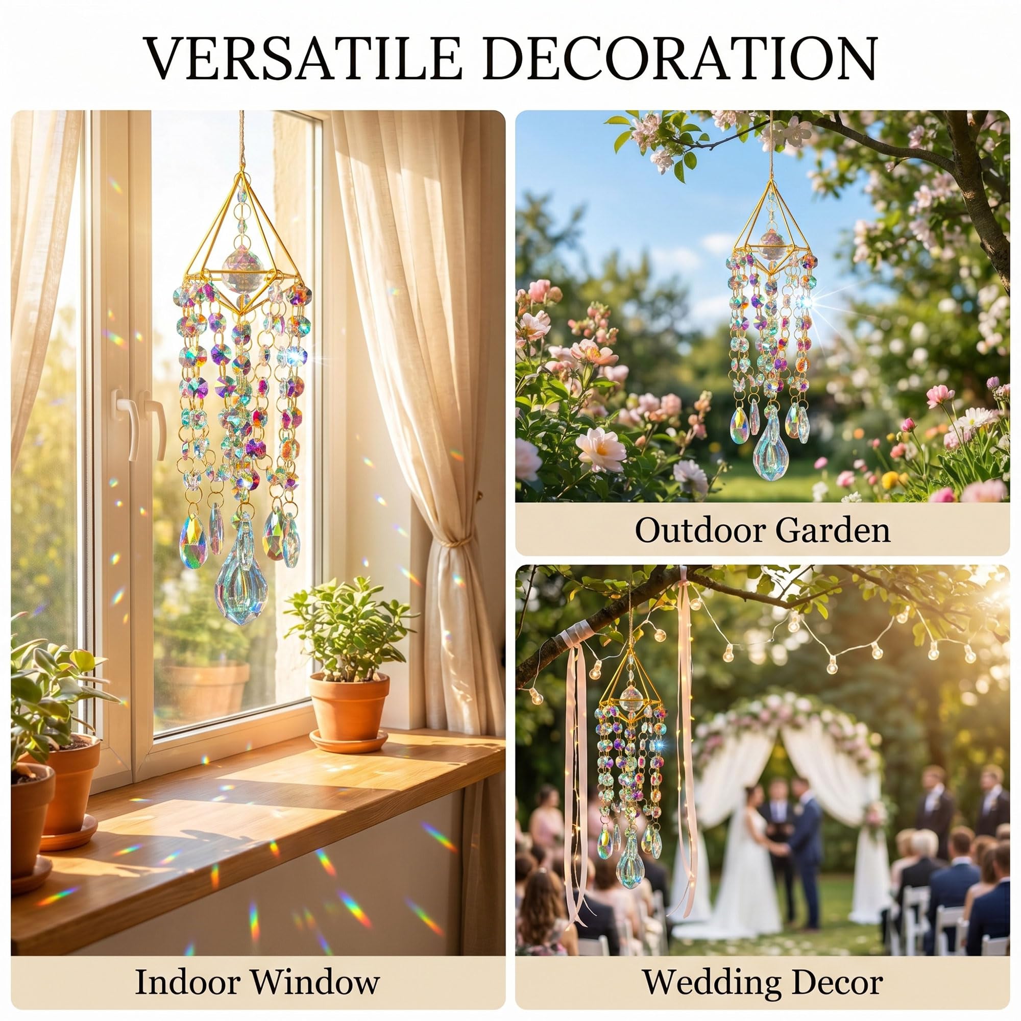 Handmade Gold Plated Crystal Suncatchers | Window Hanging Rainbow Prism Sun Catcher, Indoor Outdoor Garden Wind Chime Decor