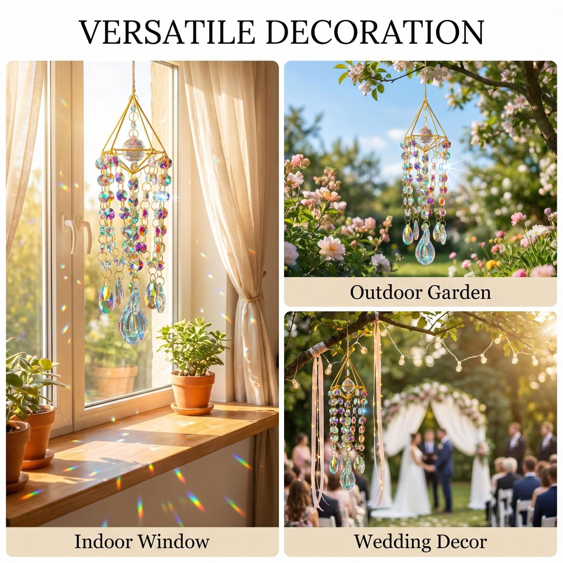 Handmade Gold Plated Crystal Suncatchers | Window Hanging Rainbow Prism Sun Catcher, Indoor Outdoor Garden Wind Chime Decor
