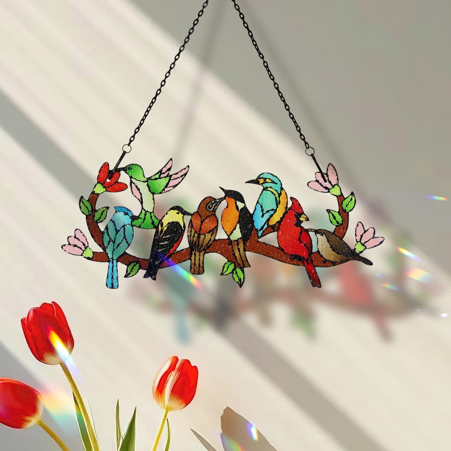 Stained Glass Birds on Branch Suncatcher, Cardinal Hummingbird Kingfisher Double Sided Window Hanging Ornament, Gift for Bird Lovers